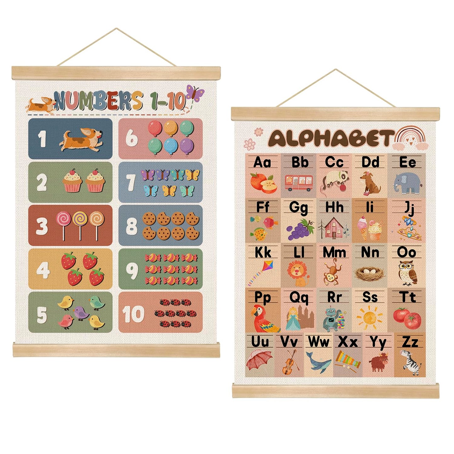Alphabet Numbers Wall Art Poster Set of 2 ,Boho Educational Canvas Posters for Classroom,1-6 Toddlers ABC and 1-10 Numbers Learning Banner for Preschool Nursery Playroom,Kids Room Decor 14x18.5 Inch