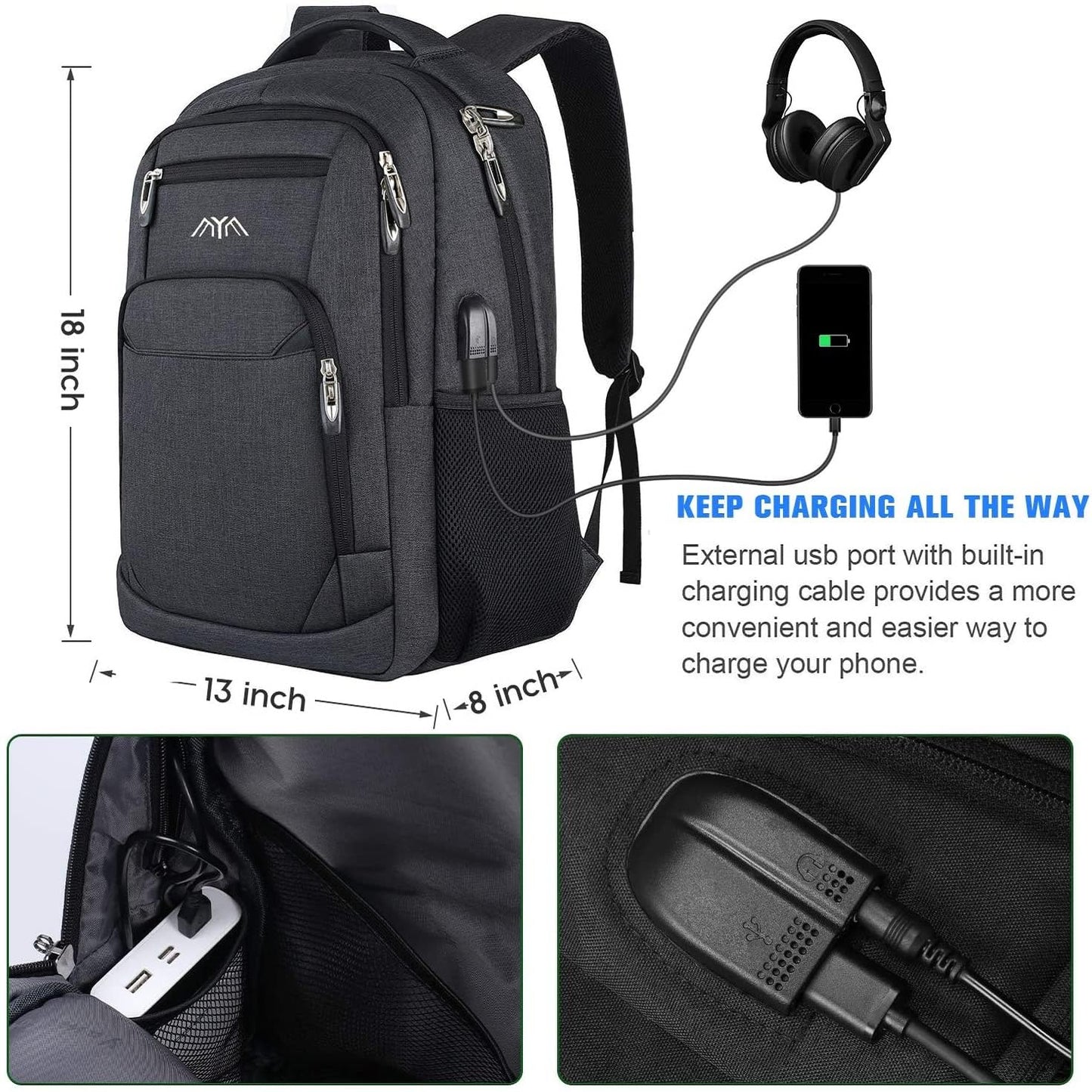 YAMTION School Backpack for Men Women Teen Boys,Bookbag Laptop Backpack with USB Port and Headphone Jack Water Resistant College SchoolBag for School Business Travel