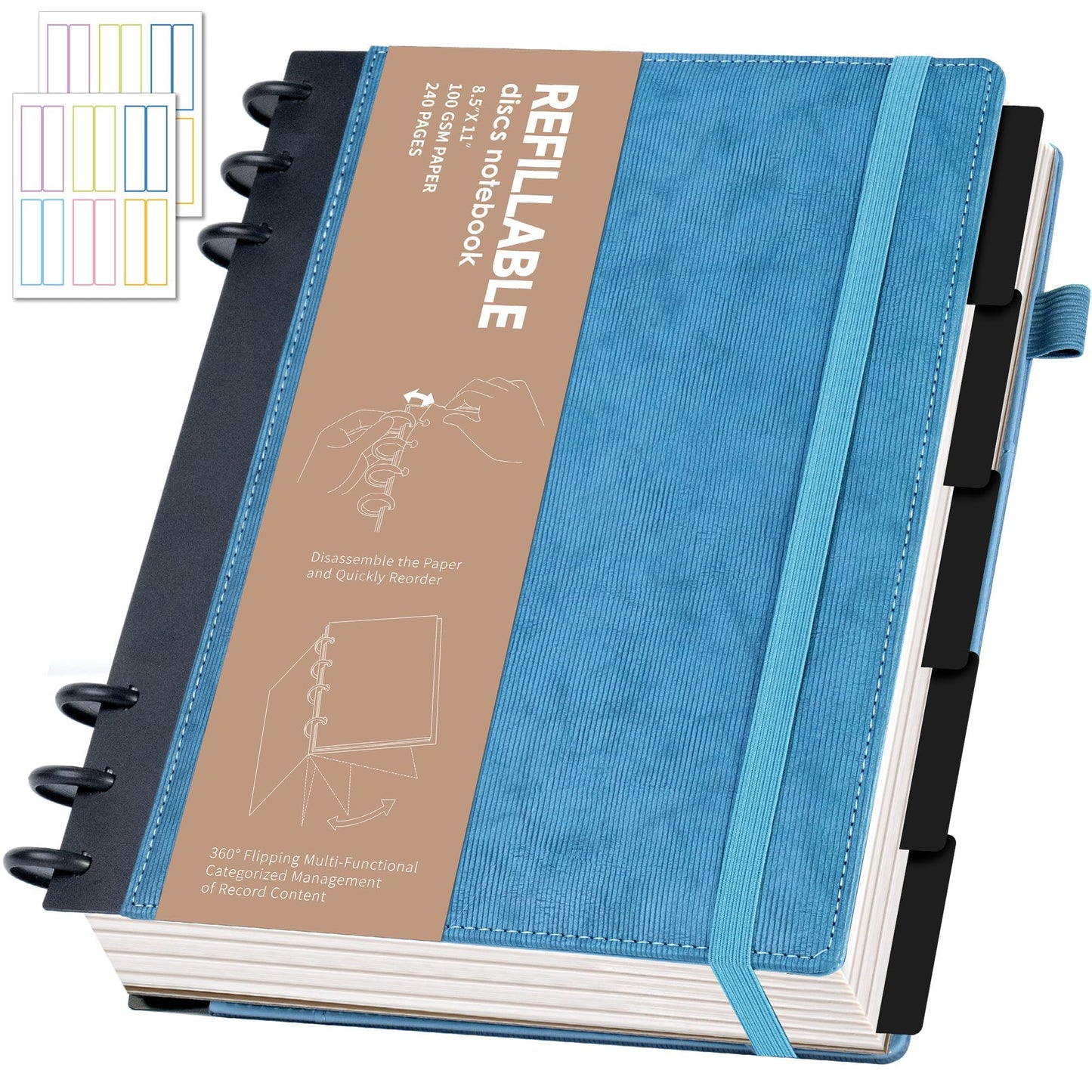 Yoment Refillable Notebooks for Work 5 Subject with Removable Dividers Tabs 240 Pages Hardcover Leather Journals for Writing Large Discbound Planner Colleged Ruled Paper for Women Men 8.58 x 11,Blue
