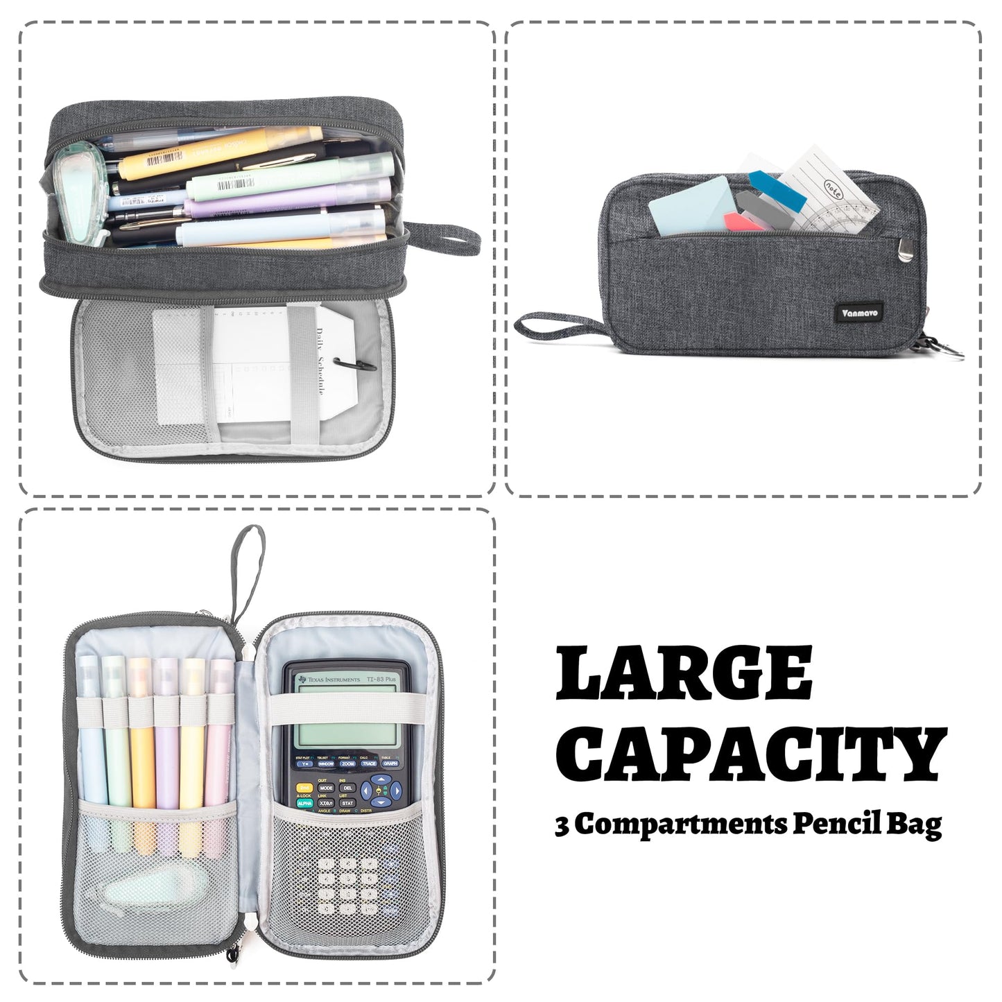 Pencil Case Big Capacity Pen Pouch Large Storage Holder Marker Pen Bag Durable 3 Compartment School Office Desk Organizer Portable Cute Zipper Stationery for Kids Teen Student Boys Girls Adults