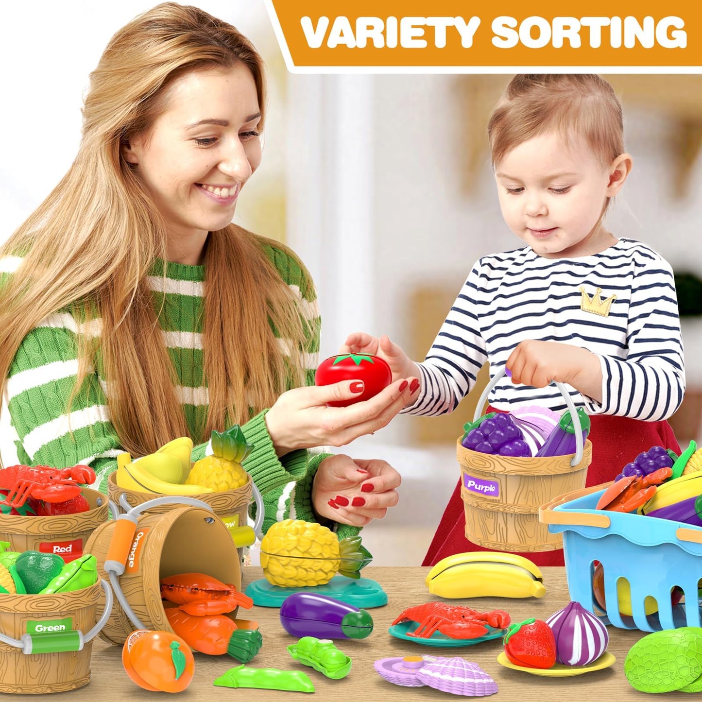 Cutting Play Food Toys for Kids, Pretend Play Kitchen Accessories, Cutting Food Sorting Toy, Fake Fruits/Vegetables Set with Shopping Storage Basket, Plastic Board and Knife, Birthday Gift