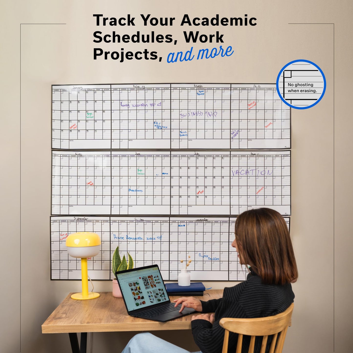 Dry Erase Year Calendar for Wall 45x55, Family Office Undated Yearly Annual Large, 12 Giant Erasable Month Wall Classroom, Rolled Whiteboard White Board, for Calendar Dry Planner Erase Reusable