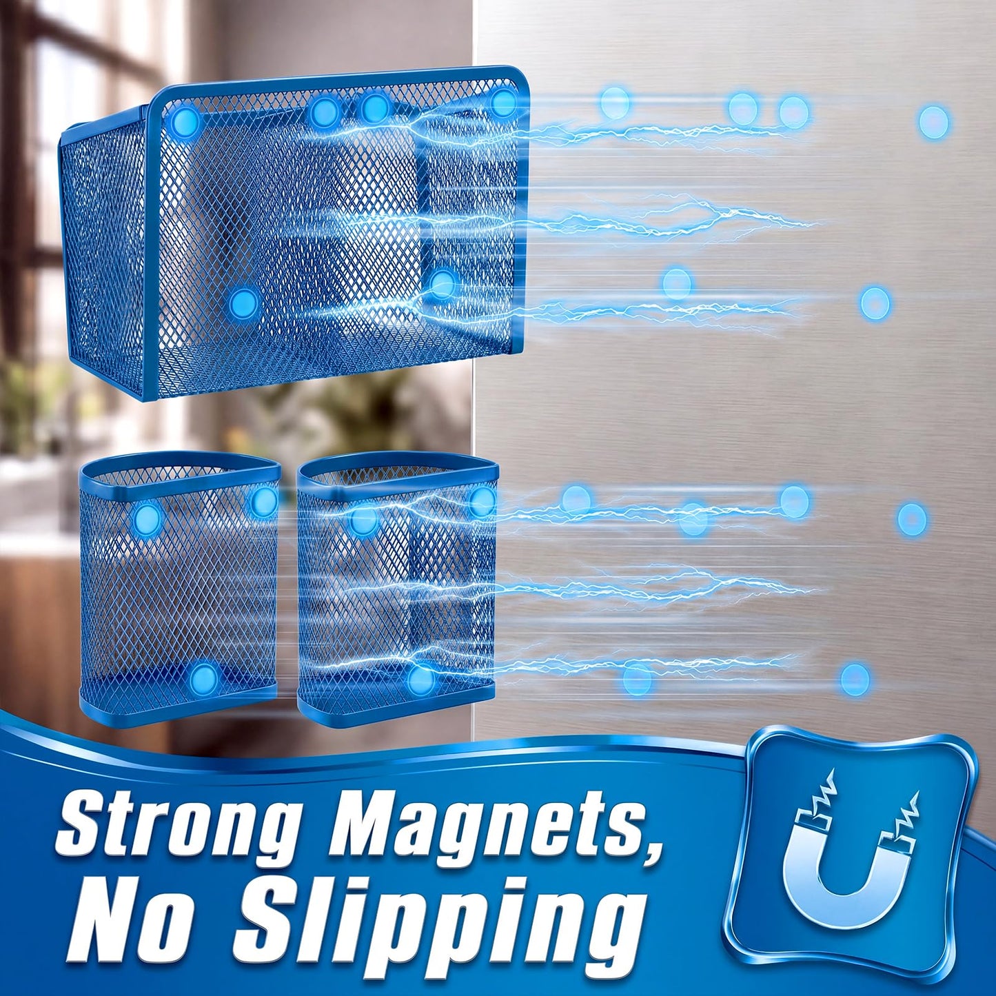 Marspark 3 Pcs Magnetic Pen Holder Set Metal Pencil Holder with Strong Magnets Wire Mesh Storage Basket Organizer for Locker Accessories Whiteboard Refrigerator School Office Dorm(Blue)