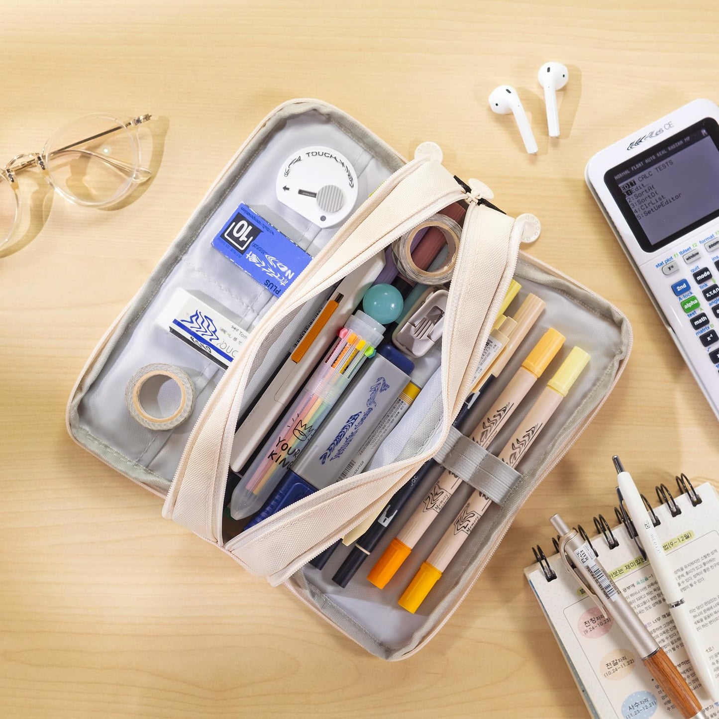 CICIMELON Large Capacity Pencil Case 3 Compartment Pouch Pen Bag for School Teen Girl Boy Men Women (Beige)