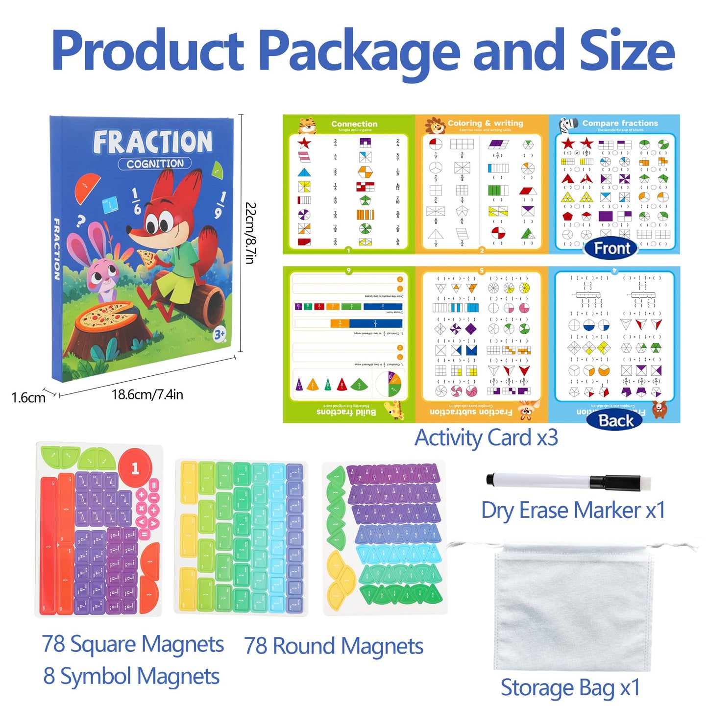Magnetic Fraction Playbook & Fraction Manipulatives Set, Montessori Magnetic Fraction Book for Kids Grades K-3, Math Manipulatives with Fraction Tiles and Circles, Educational Fraction Games & Puzzle