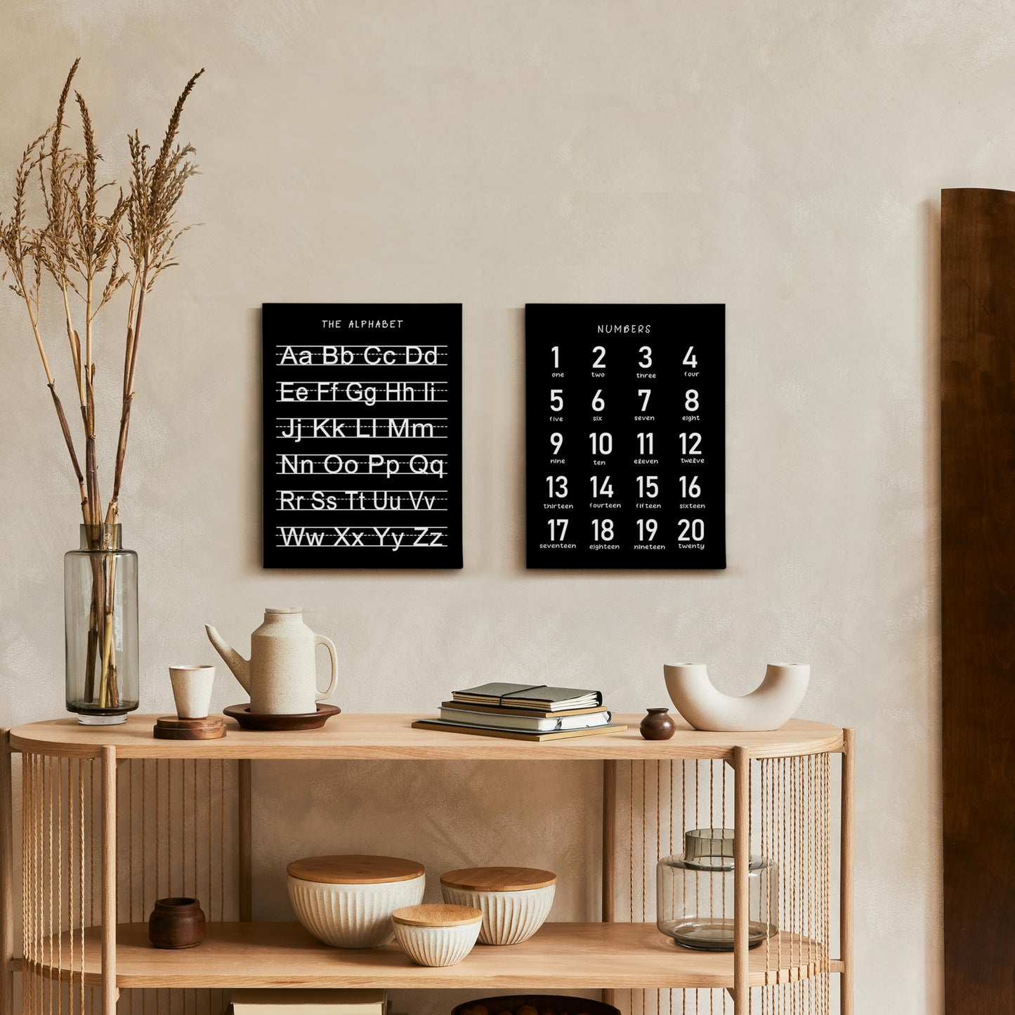 HRQKO Black Alphabet Numbers Nursery Canvas Wall Art Set of 2, Kids Room Decor Framed Art, Black ABC Numbers Educational Posters Wall Decor for Classroom Toddler Nursery Bedroom Playroom, 11x14 inch