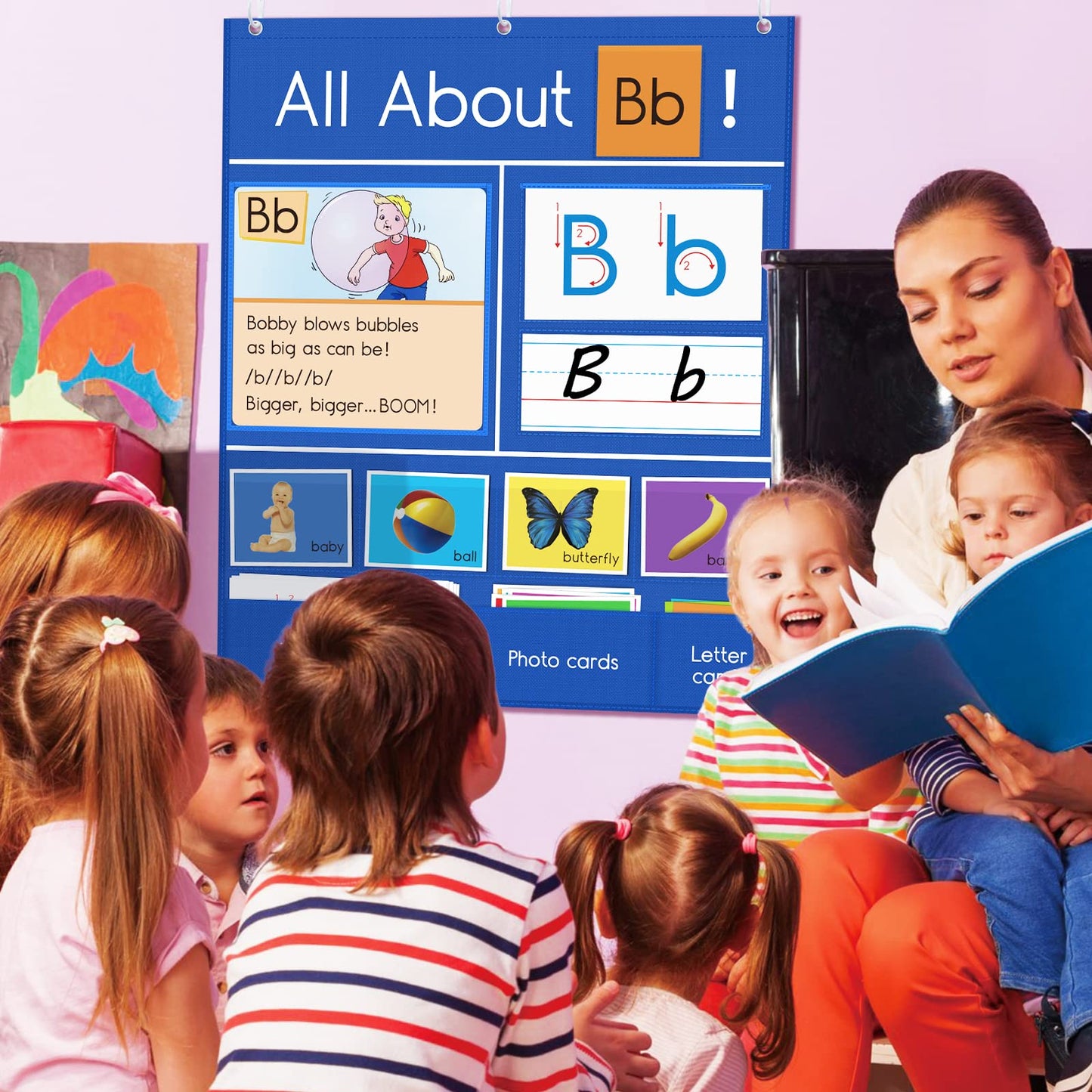Auchq All About Letter Pocket Chart, Letter of The Day/Week Activity Wall-Provides Student Daily Practice in Learning The Alphabet, Chants, Words-Great for Classroom Homeschool 34" x 27"