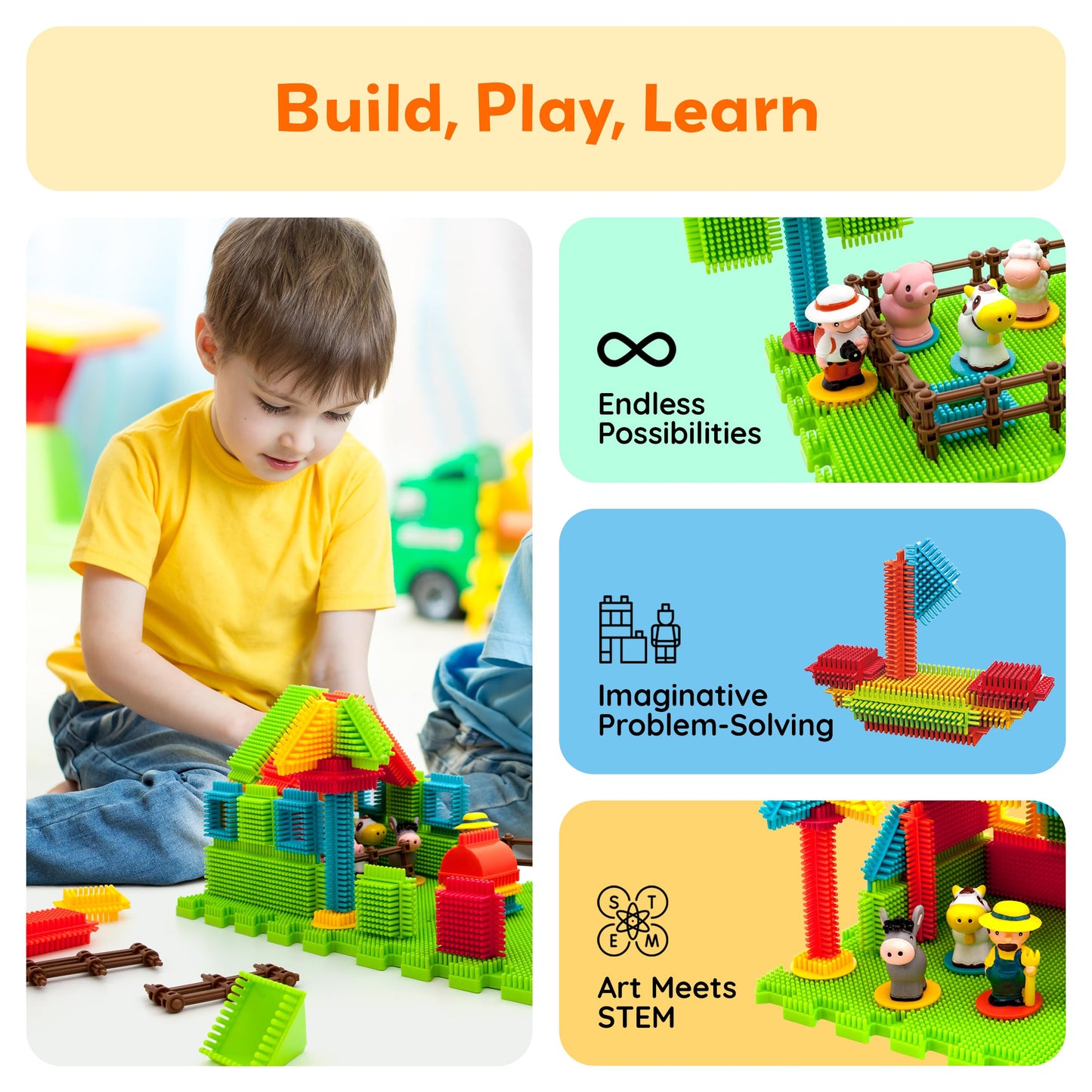 PicassoTiles PTB100 100pcs Hedgehog Shape 3D Building Blocks Tiles Farm Theme Set Learning Playset STEM Toy Set Educational Kit Child Branin Development Preschool Kindergarten Toy