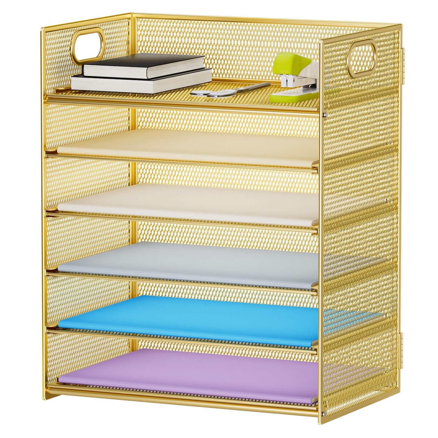 Marbrasse Paper Letter Tray Organizer - 6 Tier Mesh File Organizer with Handle, Paper Sorter Organizer for Letter/A4 Office File Folder Holder - Gold