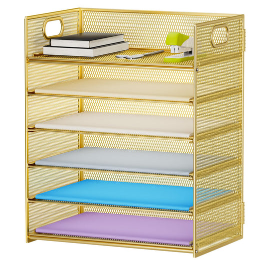 Marbrasse Paper Letter Tray Organizer - 6 Tier Mesh File Organizer with Handle, Paper Sorter Organizer for Letter/A4 Office File Folder Holder - Gold