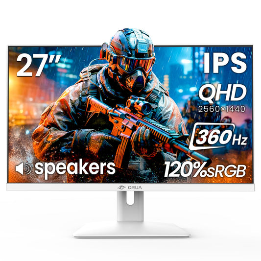 CRUA 27 Inch Gaming Monitor 360HZ, 2K QHD 2560x1440 IPS Panel White Computer Monitors with Built in Speakers, Support AMD FreeSync, 120% sRGB, Blue Light Filter, DP1.4 & HDMI2.1, Wall Mountable