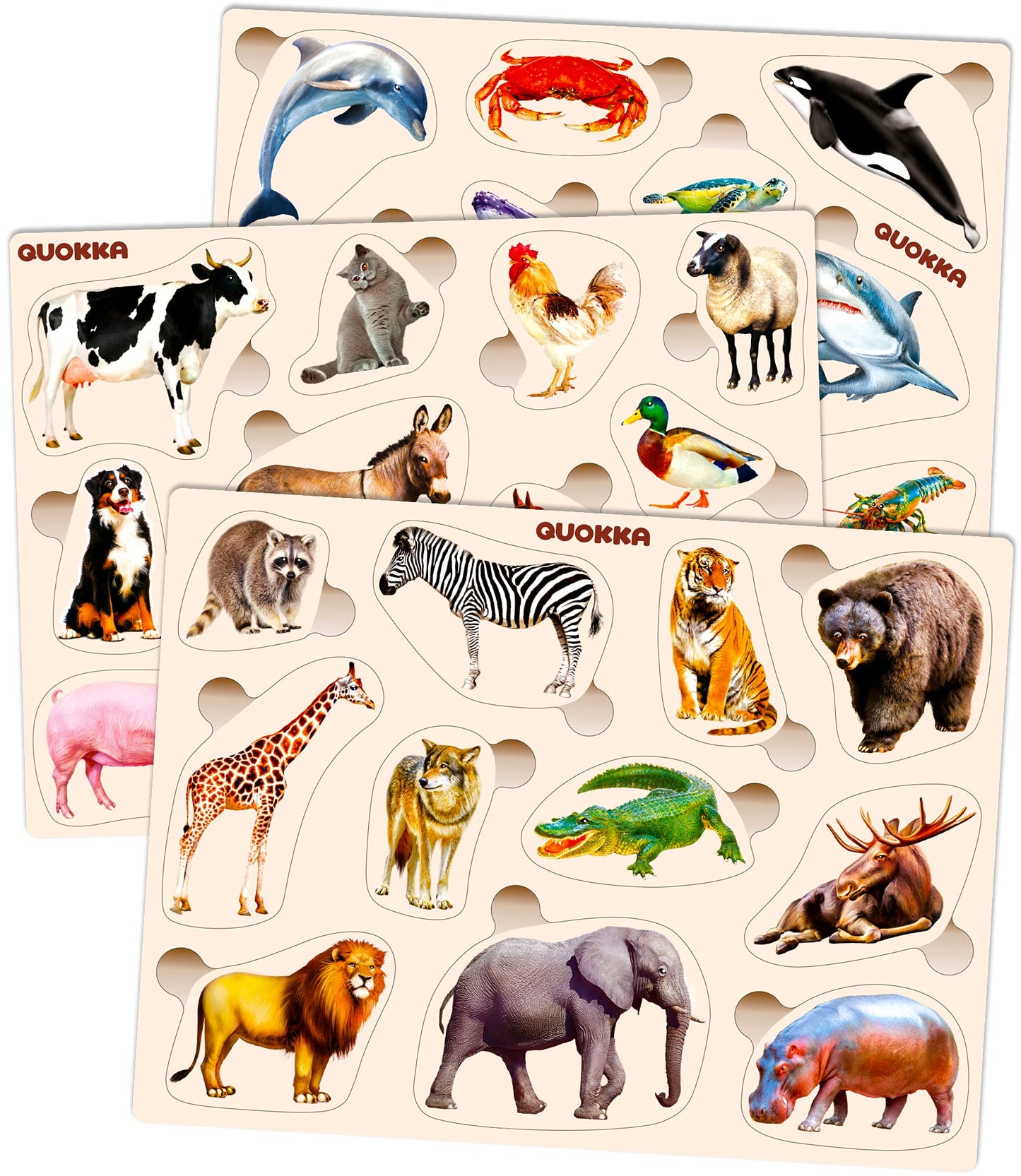 QUOKKA Wooden Puzzles for Toddlers 1-3 – 3xSET Toddler Puzzles Ages 2-4 – Montessori Animal Toy Puzzle for Toddlers 3-5 Year Old – Wood Toy Learning Realistic Animals for Boy and Girl