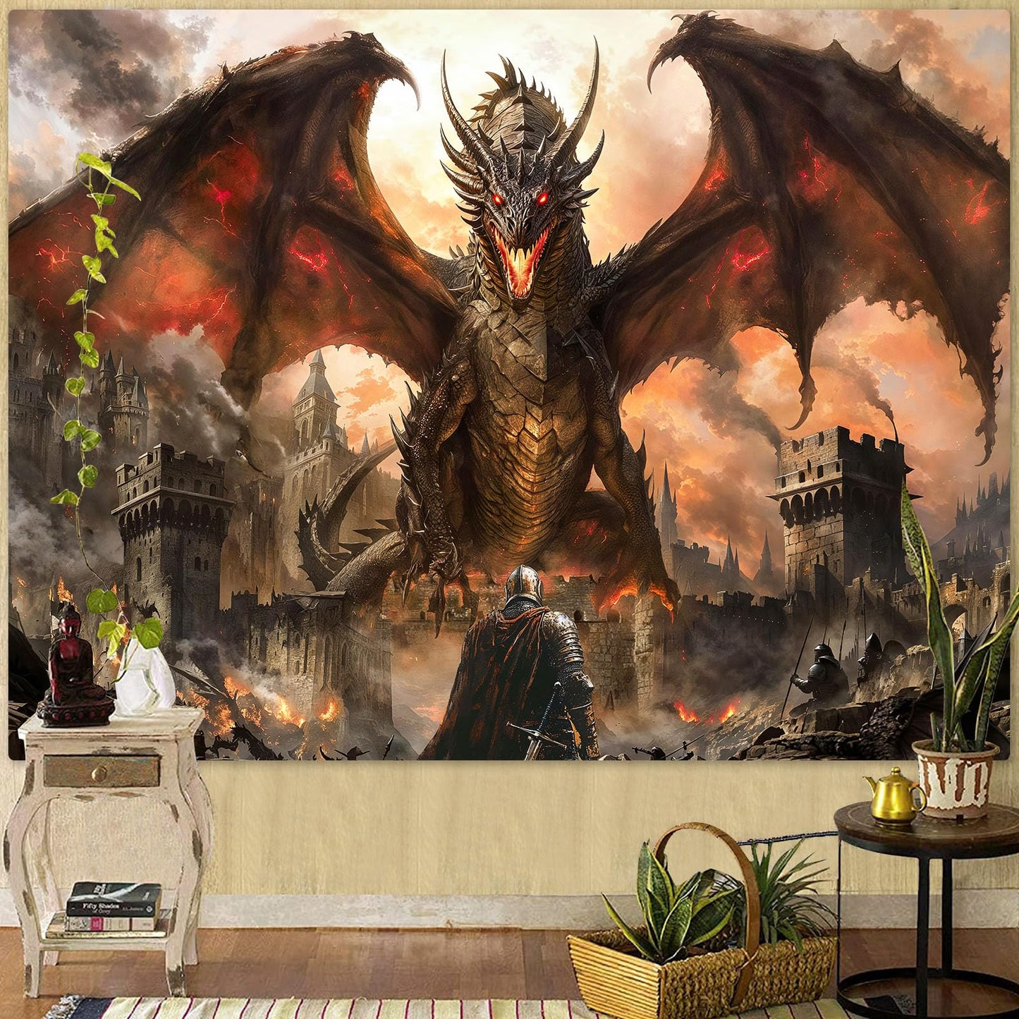 Spenlife Fire Dragon Siege Wall Tapestry, Fantasy Castle Battle Tapestries for Room Decor, Epic Tapestry 60x44 Inch