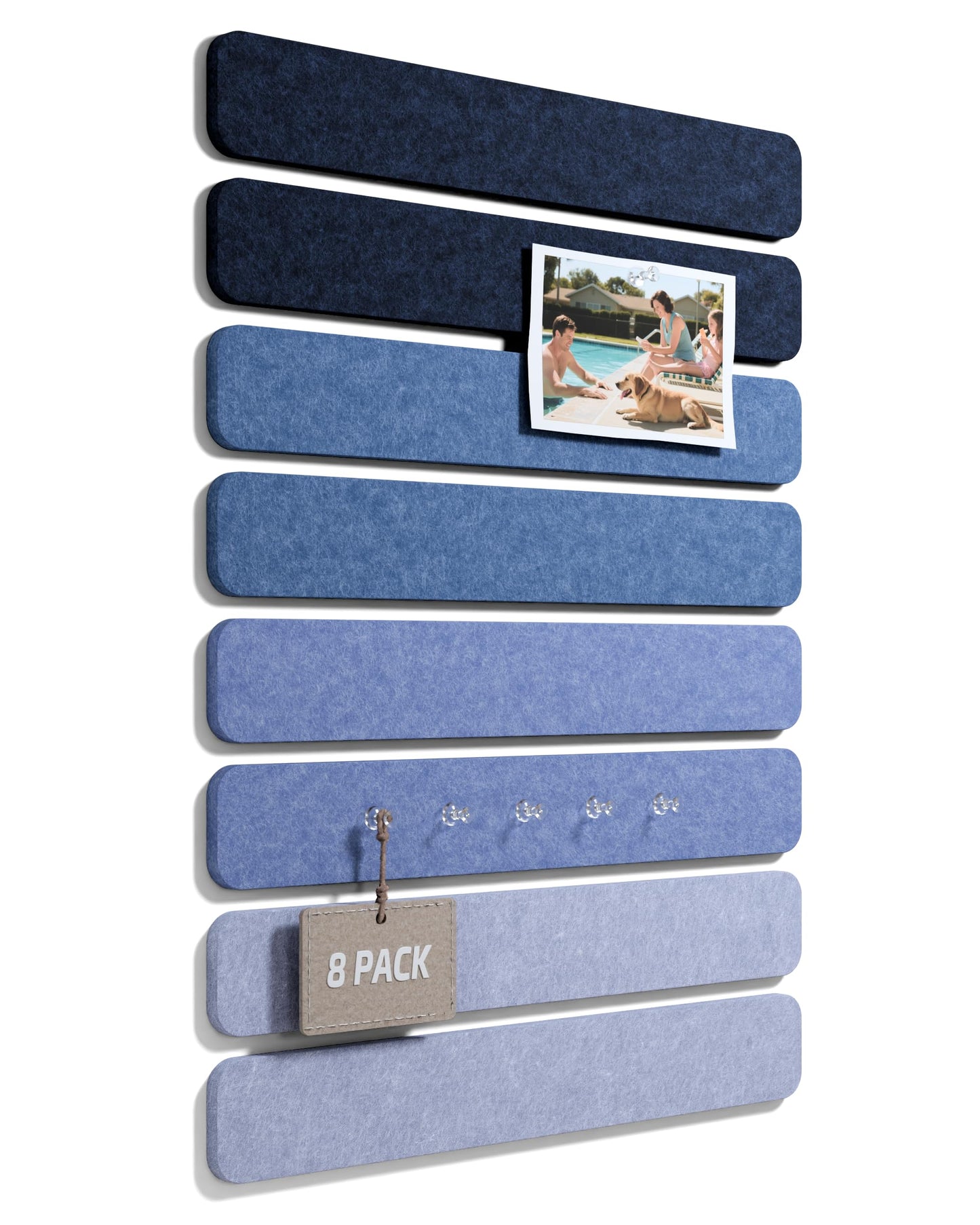 Fluxynara Cork Board Alternative Felt Strip Board 8-Pack 13"x2", Office Pin Board with 50 Push Pins, Adhesive Install for Bedroom Door & Home Office (Denim Mist)