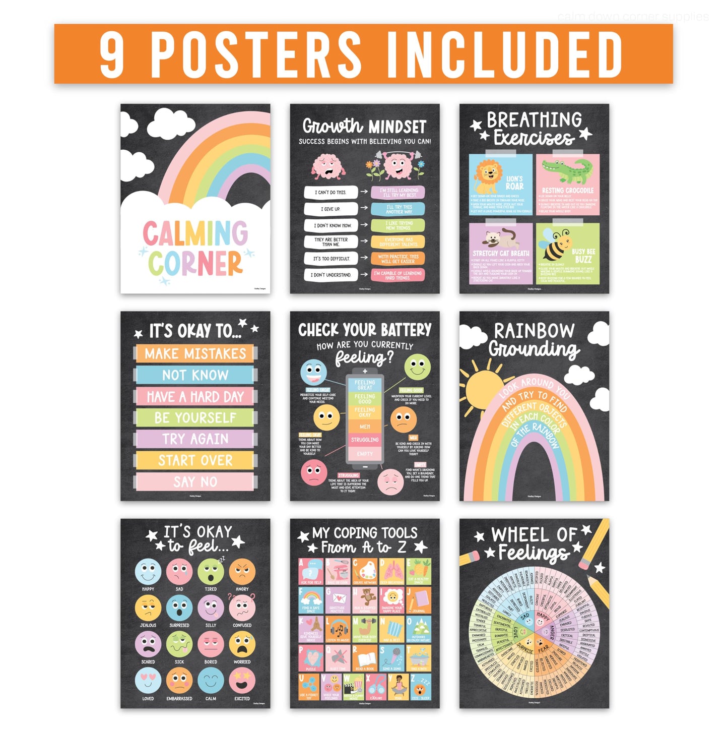 Hadley Designs 9 Calming Corner Posters for Classroom Must Haves - Calm Down Corner Supplies with Emotions Chart, School Counselor Mental Health Poster, Feelings Chart For Kids, Pastel Classroom Decor