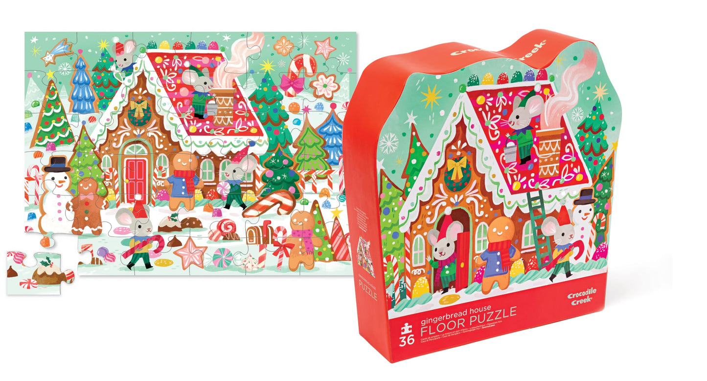 Crocodile Creek 36-Piece Jigsaw Floor Puzzle - Fun Floor Puzzles for Kids Ages 3-5 - Heavy-Duty Shaped Box for Storage - Gingerbread House - 20" W x 16" H Finished