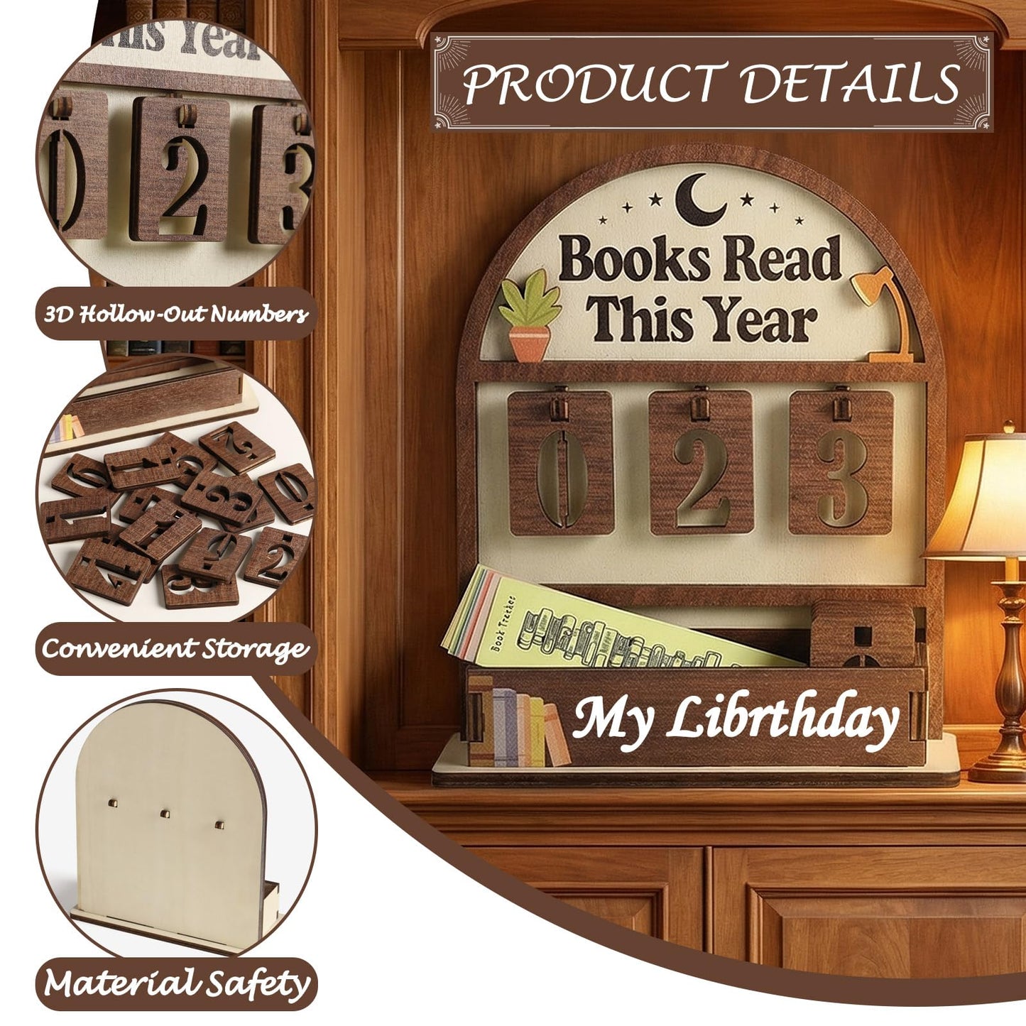 Books Read This Year Counter with 12Pcs Bookmarks, Wooden Reading Tracker Sign for Home Library Decor, Personalized Book Counter Sign Bookshelf Decor, Book Lover Gift for Bookclub Stocking Stuffers