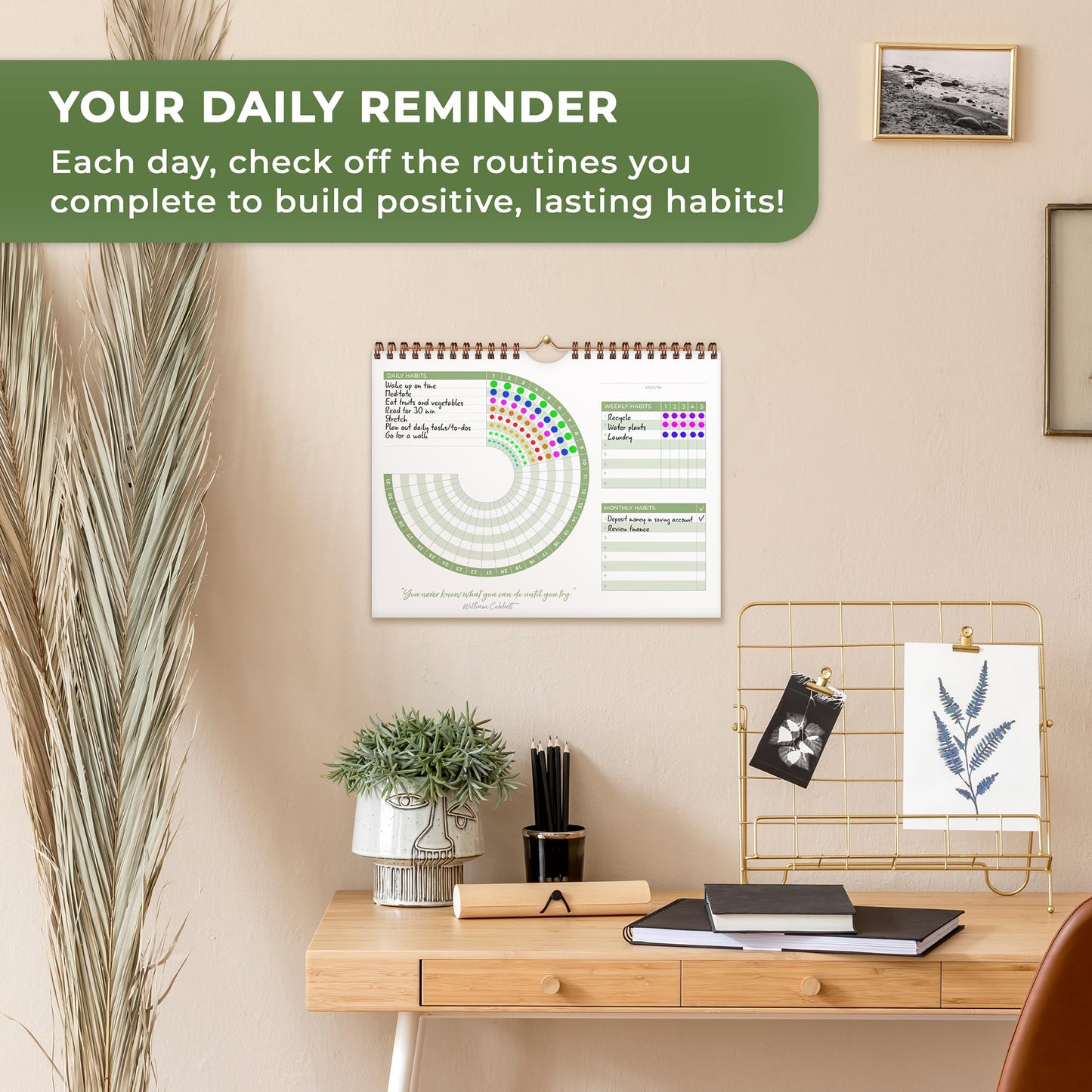 Clever Fox Habit Calendar Circle – 24-Month Inspirational Daily Habit Tracker with Colorful Pages – Routine & Goal Planner Journal (Dark Green & Red)