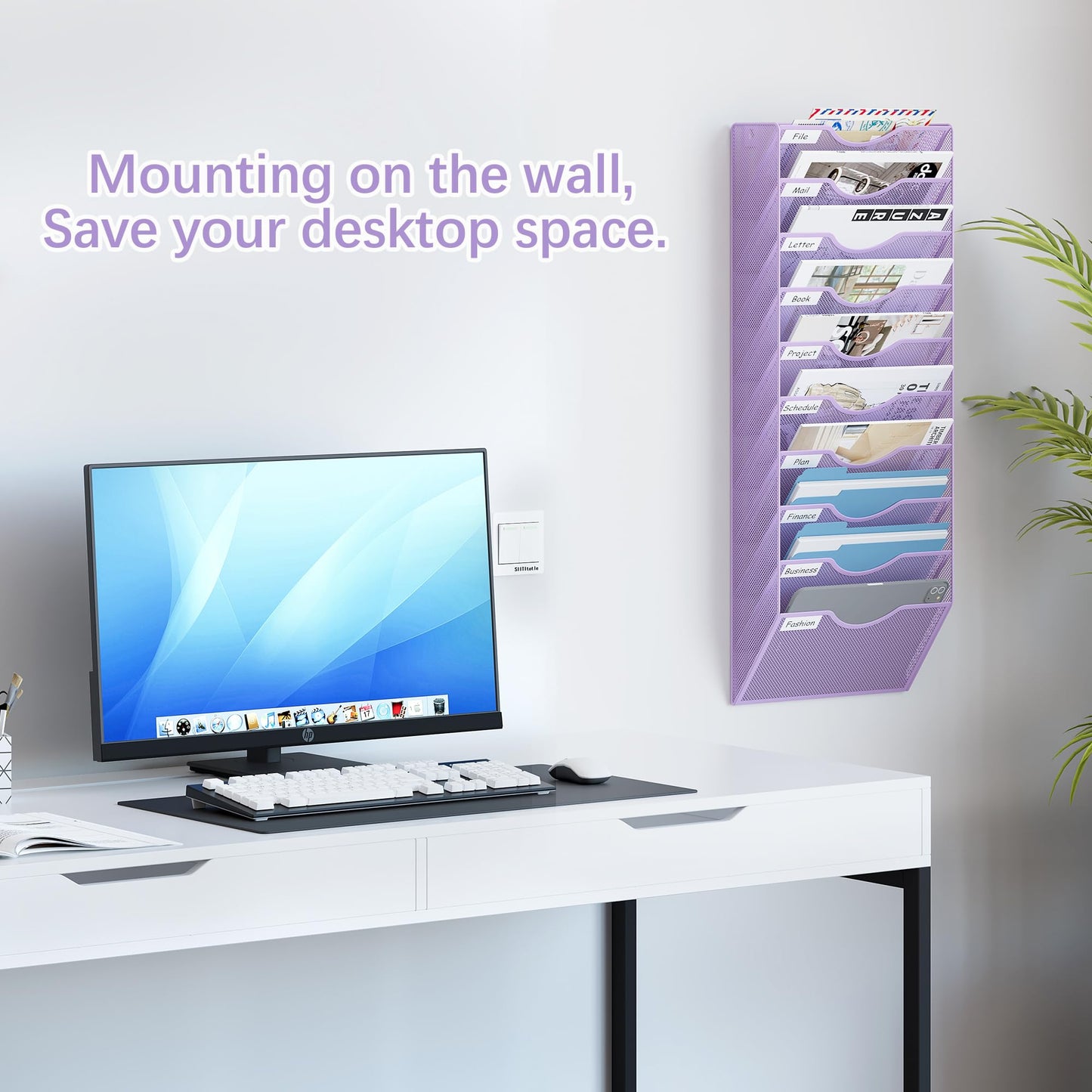 EasyPAG 10 Pocket Mesh Wall File Organizer, Hanging Paper Folder Holder with Classify Label, Vertical Wall Mount Mail Organizer for Office Home Classroom, Purple