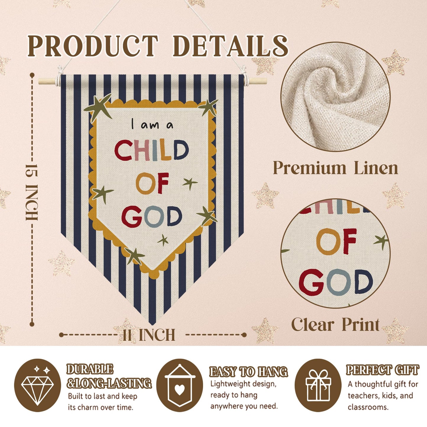 RUKUPA Christian Nursery Wall Art Decor, Bible Verse Hanging Pennant Flag, Boy Girl Nursery Religious Wall Art Poster Hanger for Kids Toddler Boys Girls Room Playroom Bedroom Decor, 11x15 Inch
