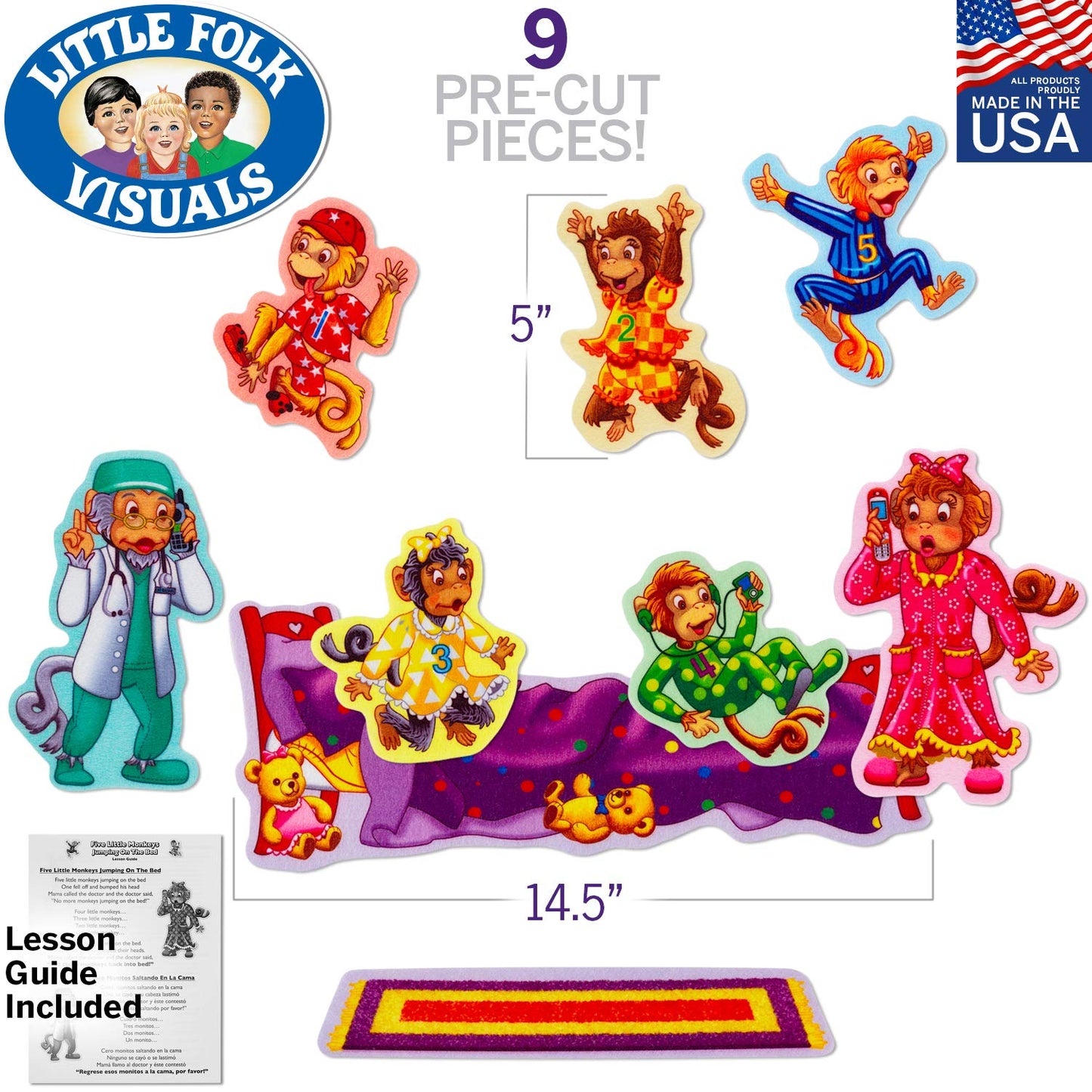Little Folk Visuals Five Monkeys Jumping on the Bed Precut Felt Pieces, 9 Pieces Set