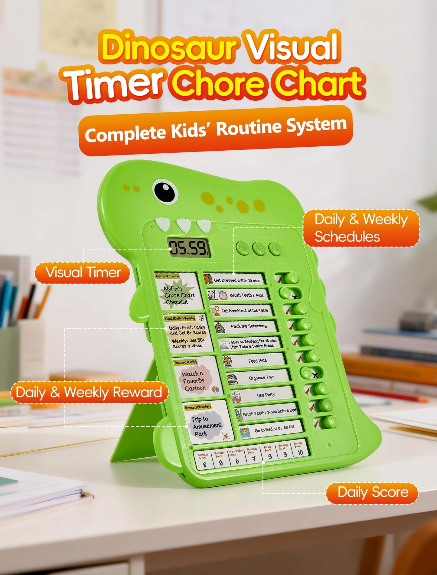 Dinosaur Visual Timer for Kids with Digital Timer & Schedule Board