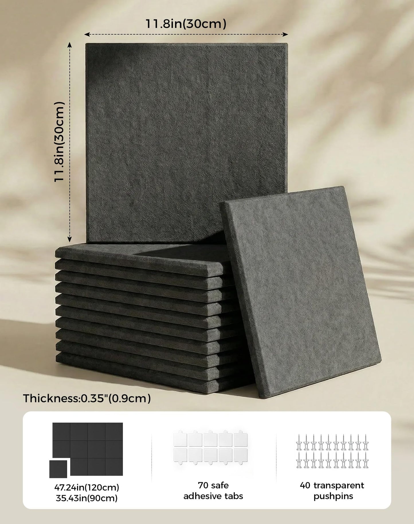 Aothia Felt Bulletin Board Tiles for Wall, 12 Pack Large 48" x 36", Felt Wall Tiles Cork Board Alternative, Adhesive Bulletin Board Tiles for Office, Classroom & Home, Charcoal Gray