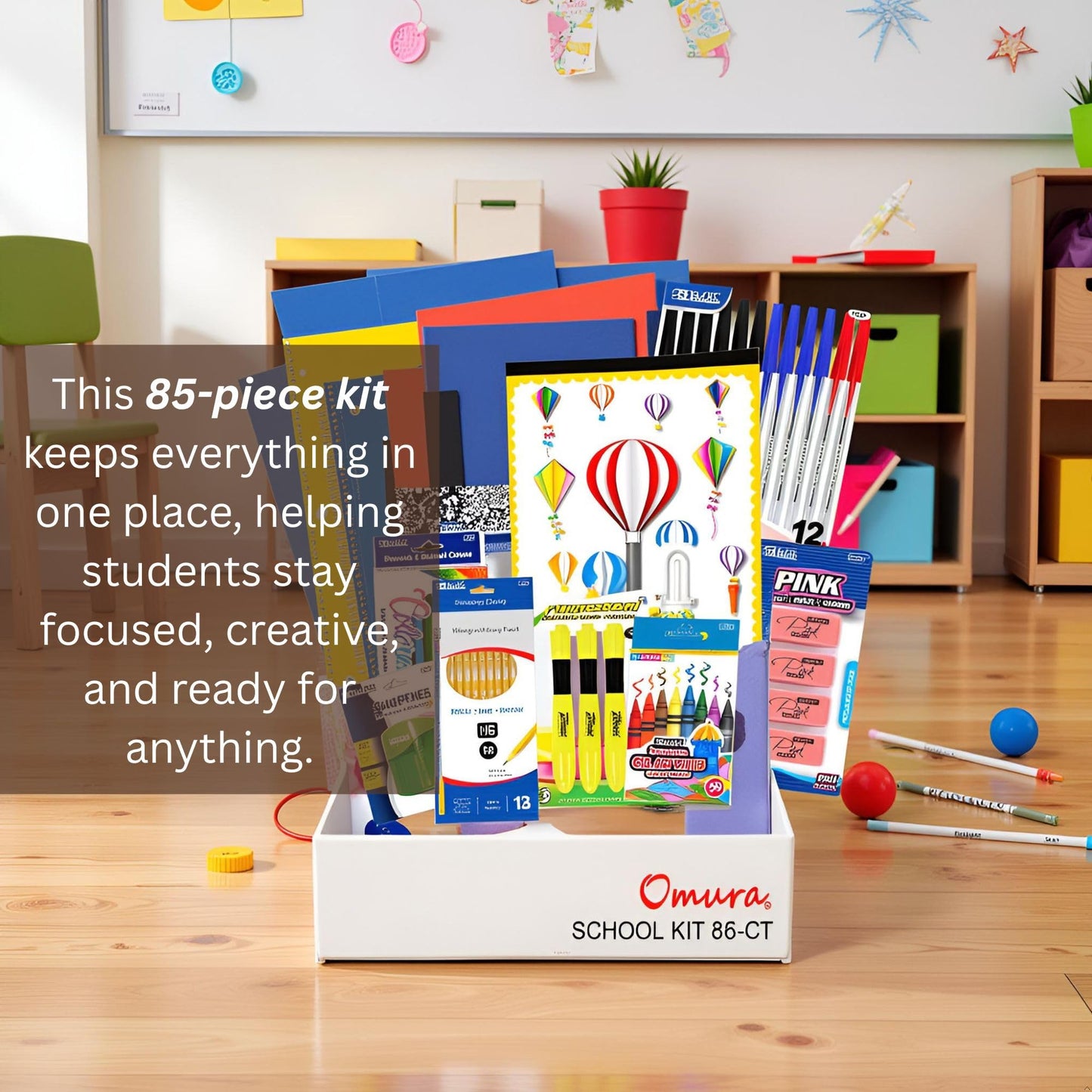 OMURA Learning Elementary School Supplies Kit – 85-Piece Back to School Supplies, School Supply Kit Elementary for Grades 3–5 | Notebooks, Pencils, Crayons, Markers, Glue & Student School Supplies