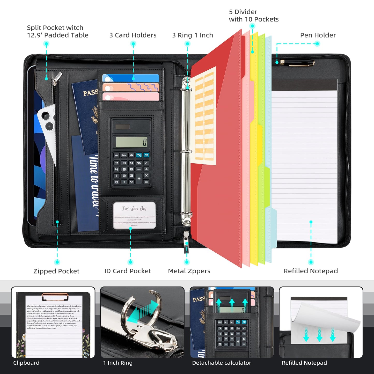 Ospelelf Leather Portfolio Folder with Zipper - 3 Ring Binder with Clipbard - Calculator, 12.1” Tablet Sleeve, 5 Dividers with 10 Pockets, Refillable Notepad, Card Holder (Bushes)