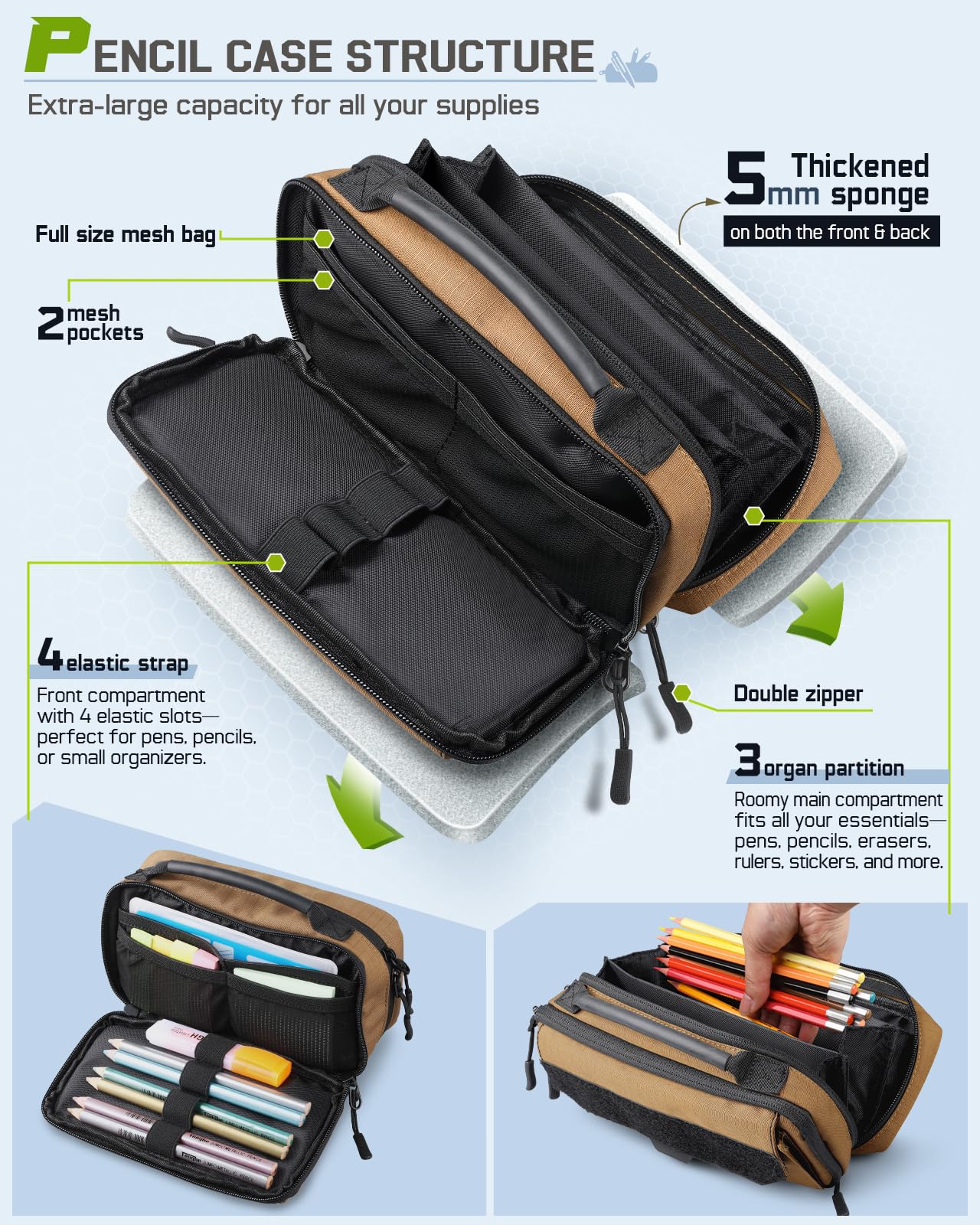 RXW Large Capacity Pencil Case Pouch for Boys, Zippered Tactical Pencil Bag Carry Handle, Small Tool Pouch for Adults (includes US Flag Patch + 2 MOLLE Straps)