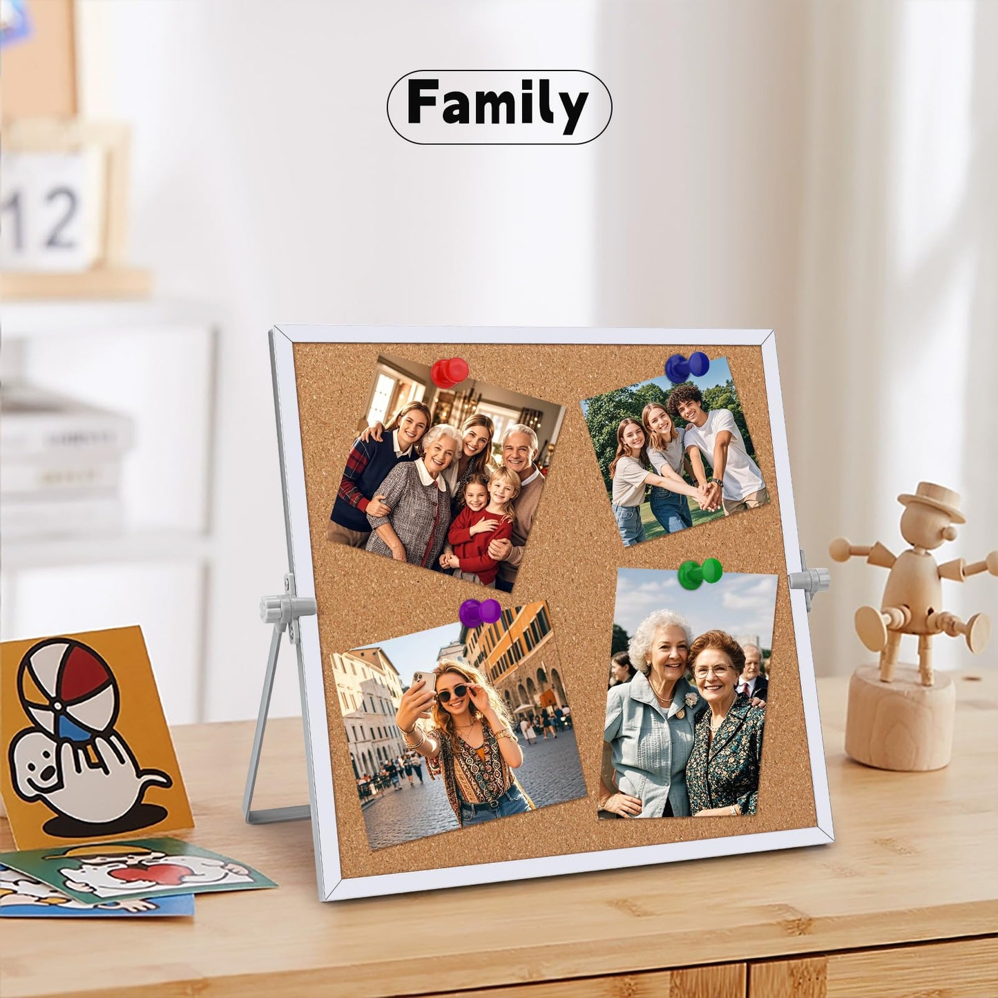 kdafio 11.81"×11.81" Cork Board Bulletin Board, Double Sided Pin Board with Silver Aluminum Border, Desktop Small Cork Board with Stand Suitable for Home, Office, Desk Message Board or Picture Board