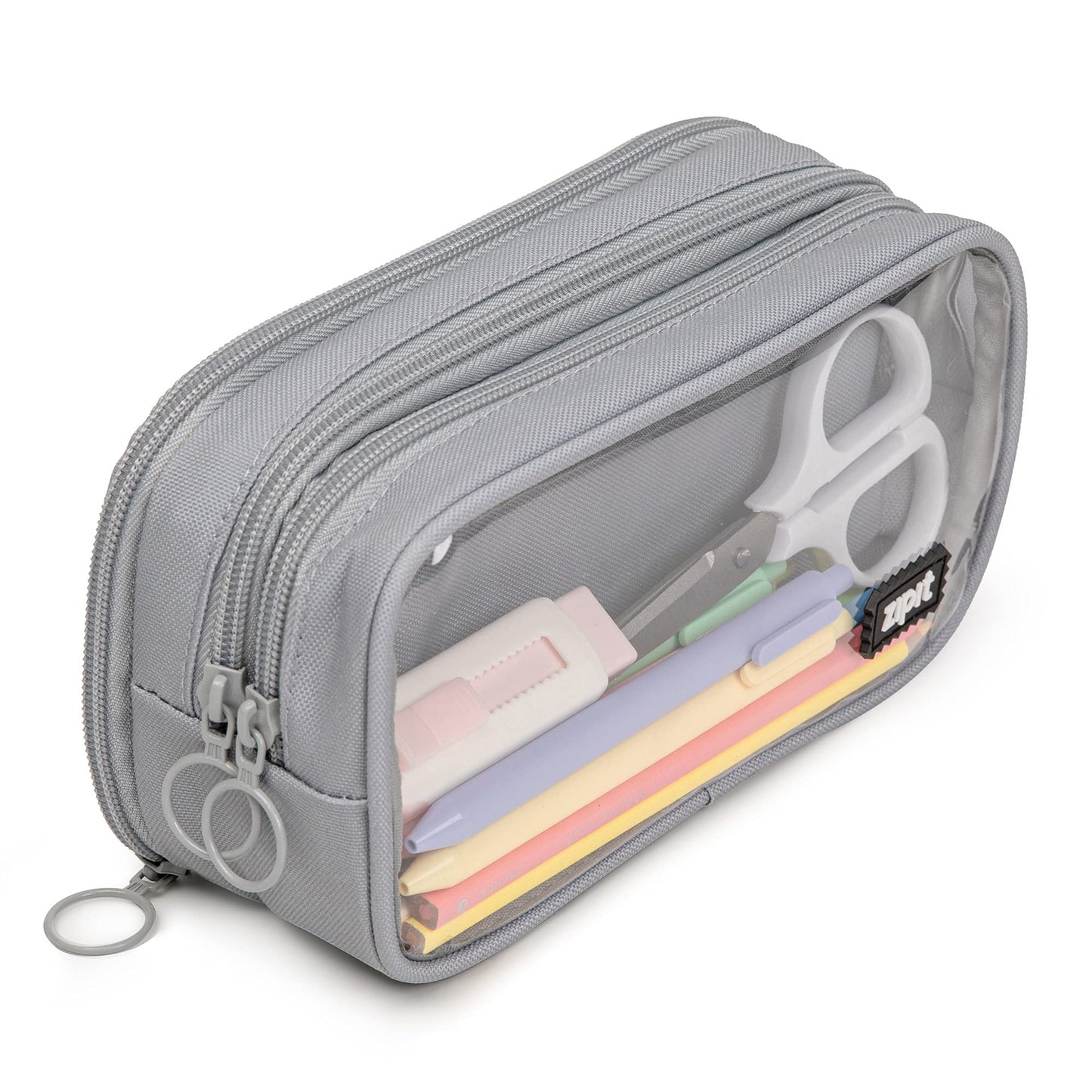 ZIPIT Half & Half Pencil Case, 3 Compartment Zipper Pouch for School, Stationery Bag for Teen Girls Boys and Adults, Grey