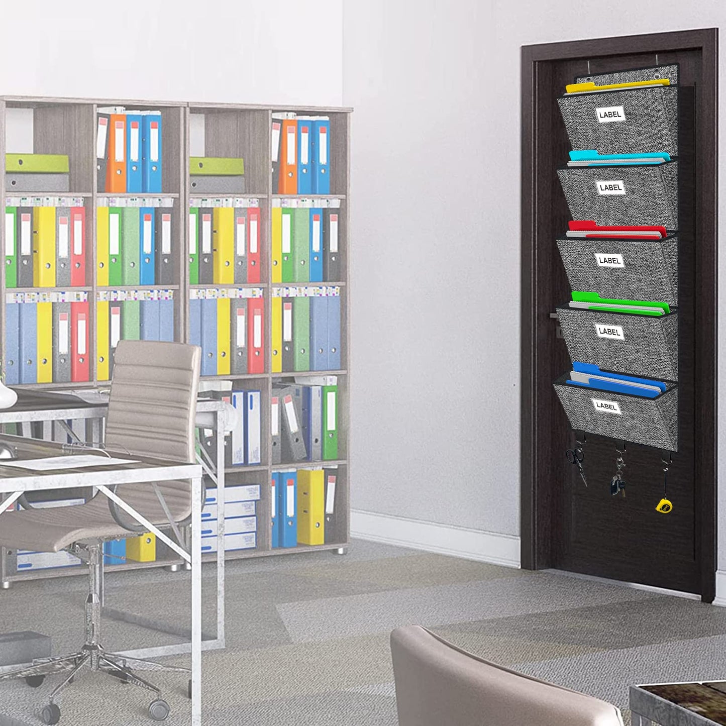 Homyfort Over the Door File Organizer, Hanging Wall File Folders with 5 Large Pockets for Papers, Charts, Mails, Magazine, Office and Back To Supplies Storage and Organization (Black)