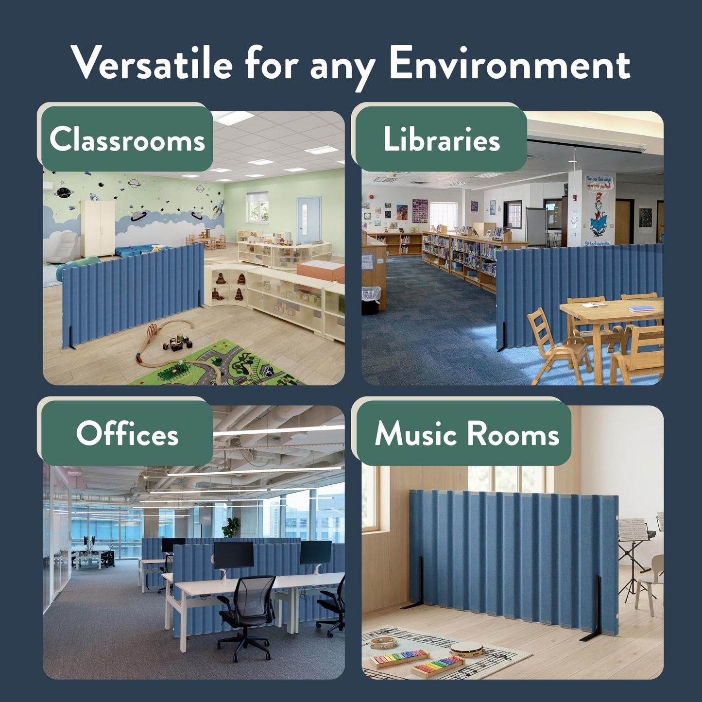 Angeles 48" x 10' Quiet Divider With Sound Dampening Panels, Freestanding Room Divider Wall, Blue