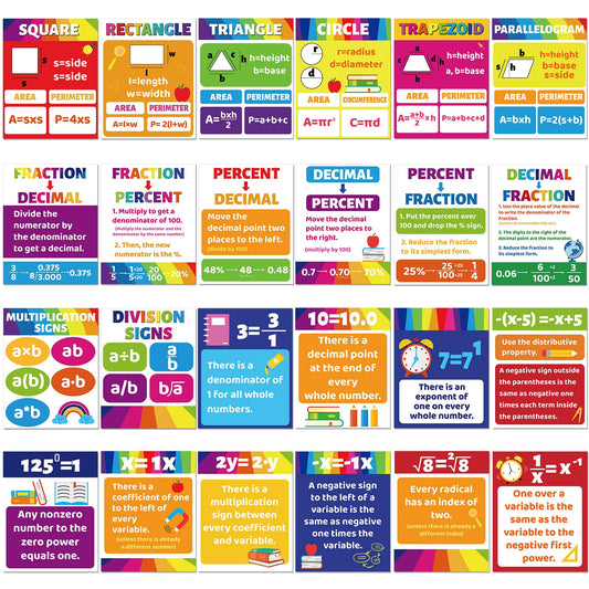 AmazingSpark 24 Pcs Math Posters for Middle School Algebra Classroom Bulletin Board Decor Fractions Mathematics Classroom Banner Decorations for Teachers Manipulatives(Multicolor,Rainbow Style)