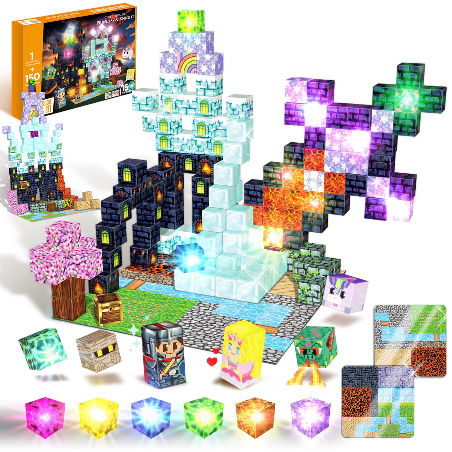 SZKLOL 150 PCS Light Up Magnetic Building Blocks for Kids, STEM Educational Building Toys with Metal Baseplate for Ages 3-8, Princess & Castle Magnetic Stacking Cubes (150 pcs, 15 Flashing Cubes)