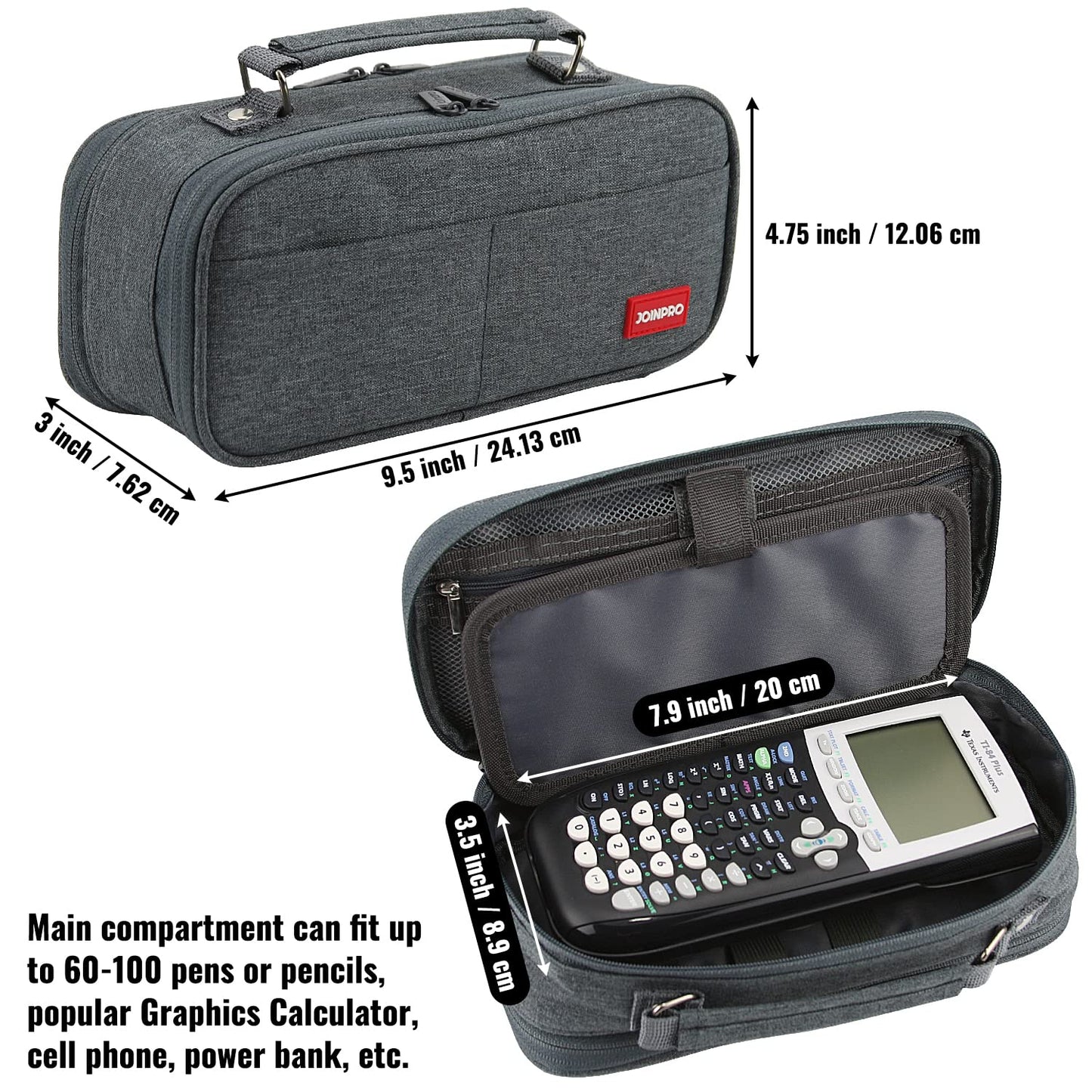 JOINPRO Large Capacity Pencil Case, 4 Compartment Pen Pouch Organizer with Double Zipper, Storage Bag for School, Office, Teen Girl Boy Men Women (Black Grey)