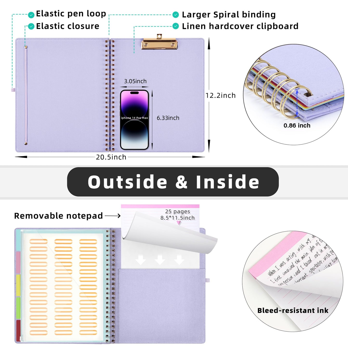 Ospelelf Foldable Spiral Clipboard Folio with Storage Zipper Pouch, 5 Plastic Folders with 10 Pockets, Refillable Lined Notepad (11" x 8.5"), Linen Hardcover Project Organizer (Light Purple)