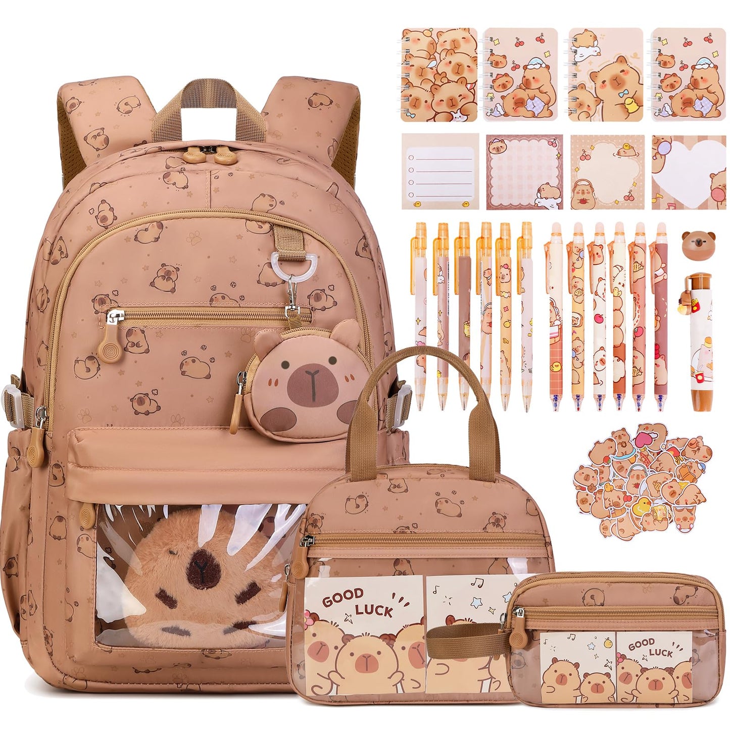 Similove Capybara Theme Backpack for School Girls, 35PCS Kids Backpack Set with School Supplies Stationery Kit Lunch Box Pencil Case, Cute Girls Bookbag for Kindergarten Elementary Student