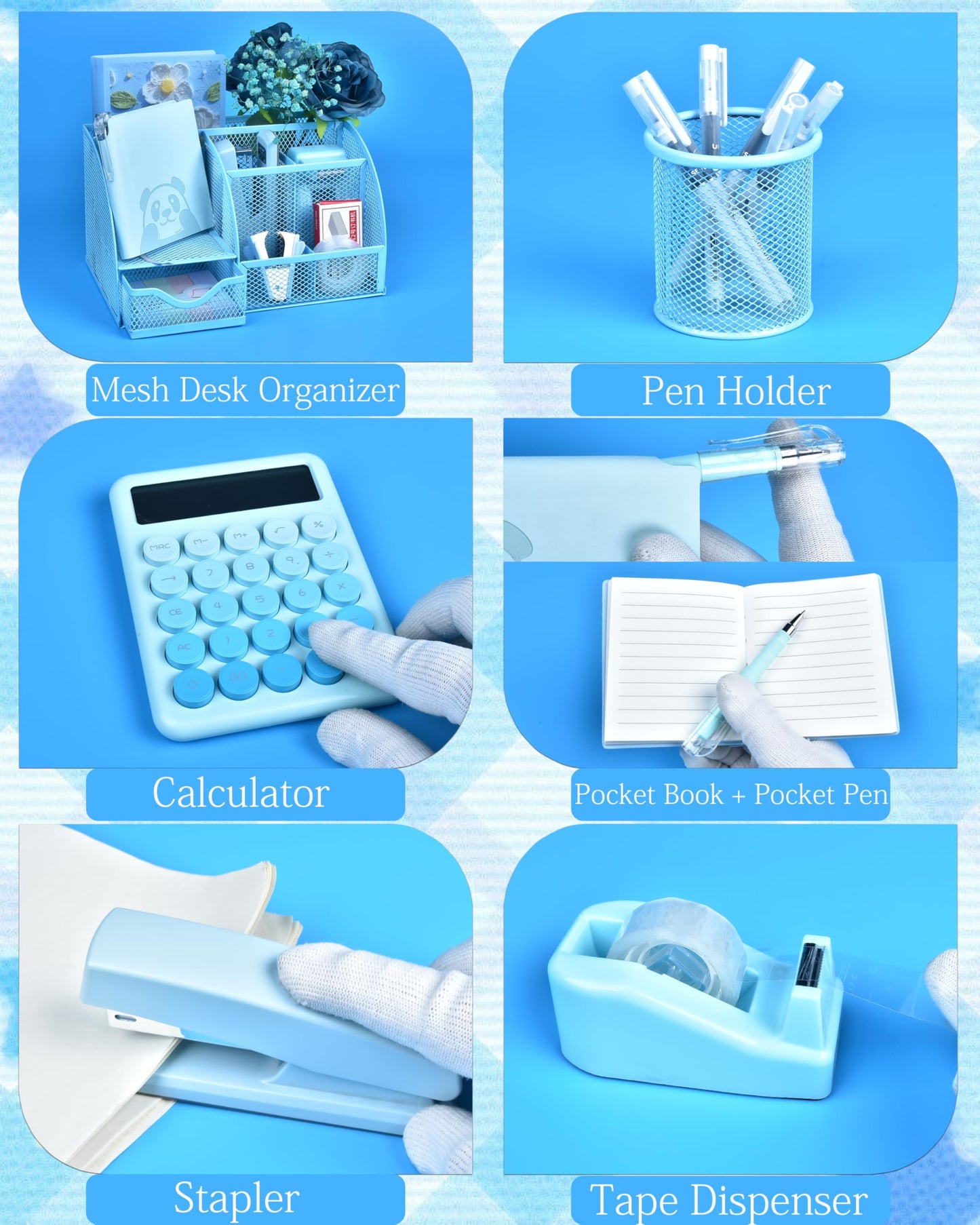23pc Blue Desk Accessories and Organizers with Mesh Organizer Stapler Tape Dispenser Calculator and a Lot of Office Purple Office Supplies Beautifully Presented in a Gift Box