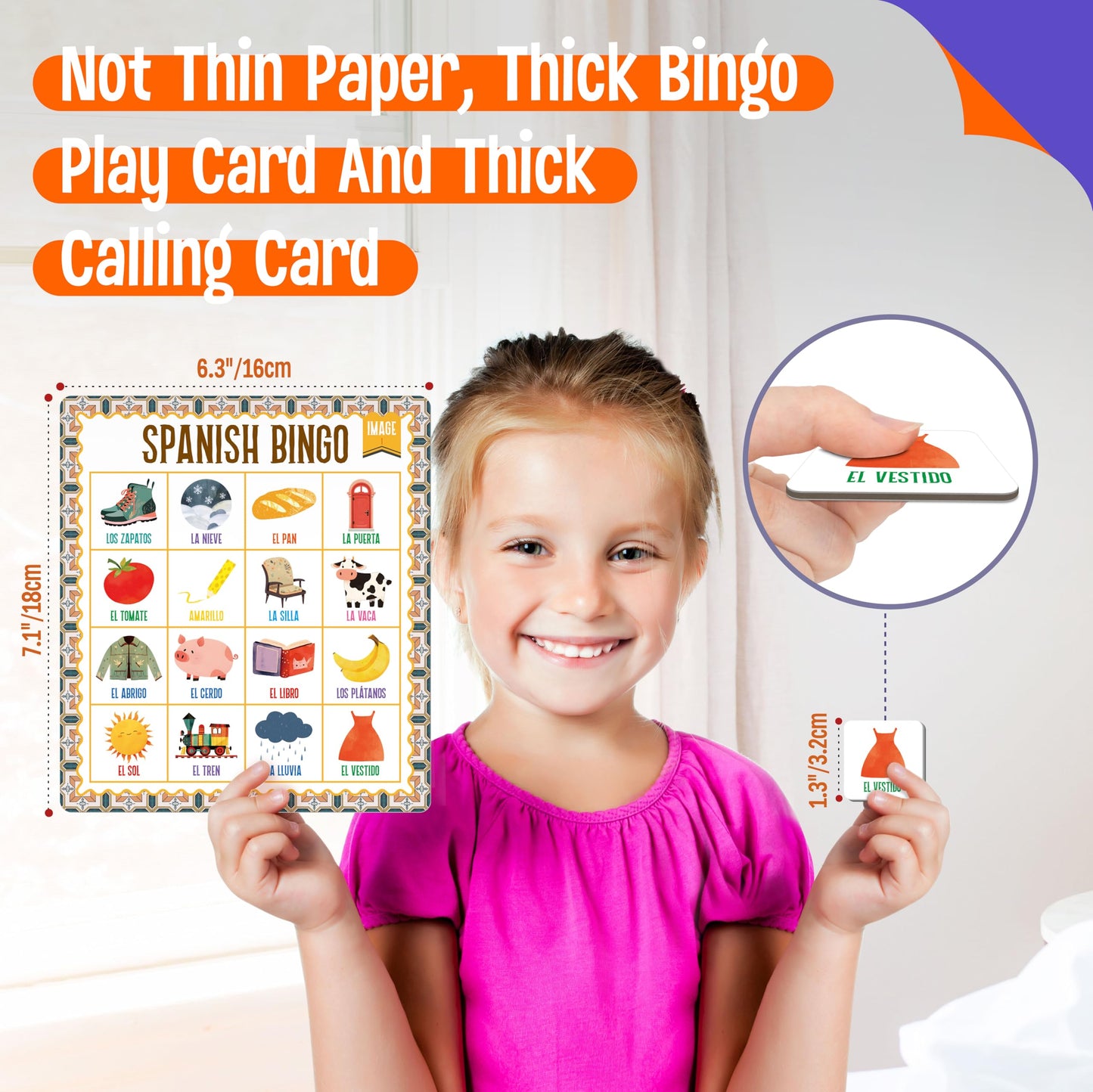SpriteGru Spanish Bingo Game, 25 Bingo Board Spanish & English Vocabulary Word Game Bilingual Educational Toys for Language Learning - Ages 5 and up (Up to 25 Players)