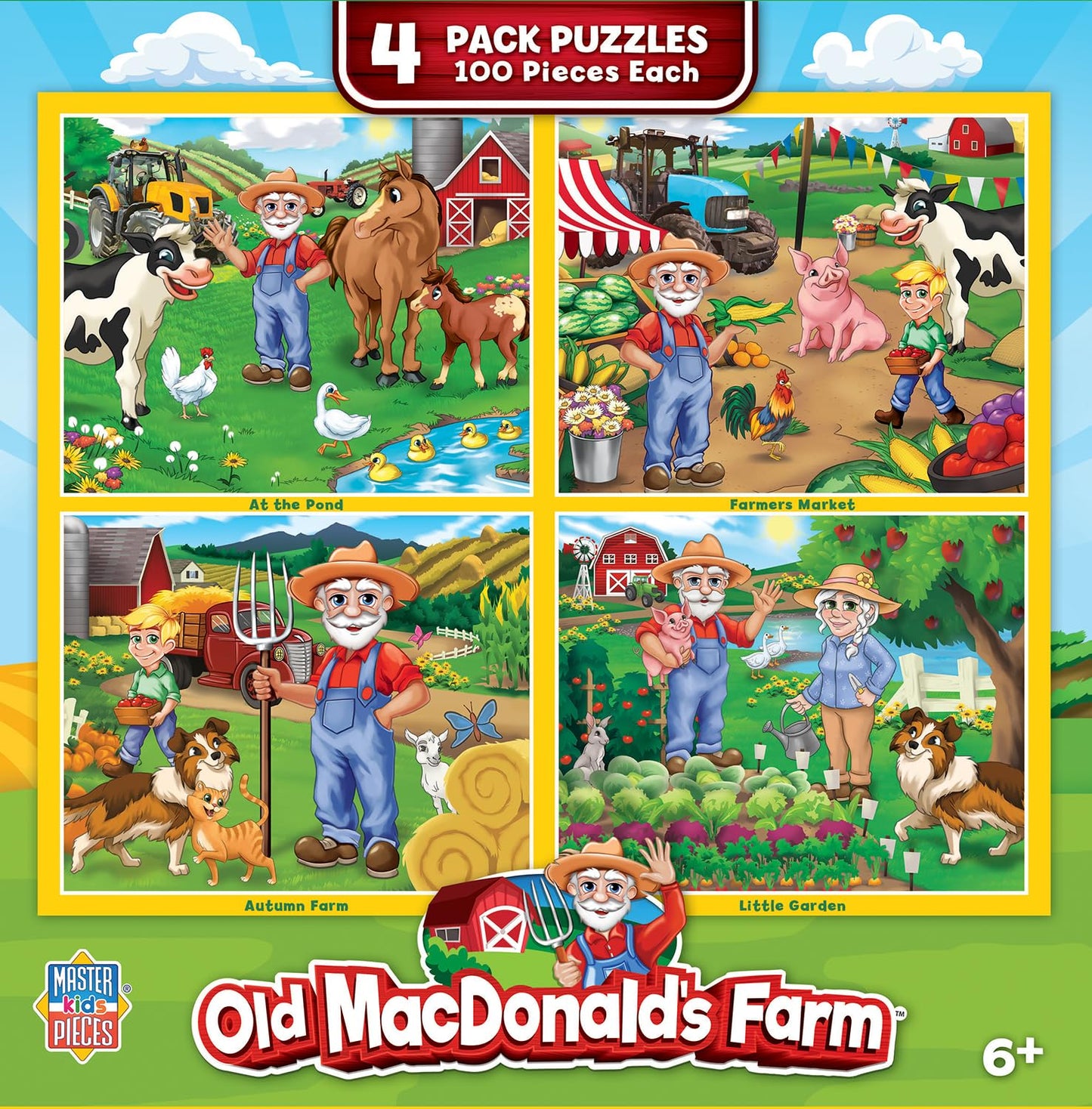 MasterPieces – Jigsaw Puzzle Set for Kids 6+ Years, 4-Pack of 100 Pieces, Educational and Fun Game, Old Macdonald’s Farm Collection, Gift Idea for Children, 8" x 10"