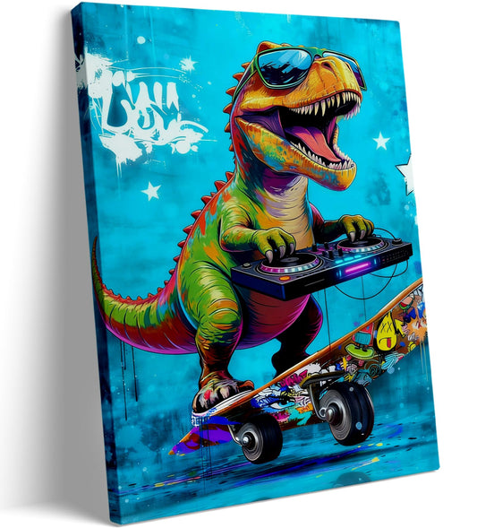 16x24 Graffiti Blue Skateboard T-Rex Dinosaur Canvas Wall Art Prints, Framed Watercolor Animal Pop Cool Painting, Funny Kids & Teen Boy Bedroom Decor, Home Bathroom Living Room Wall Poster Gift