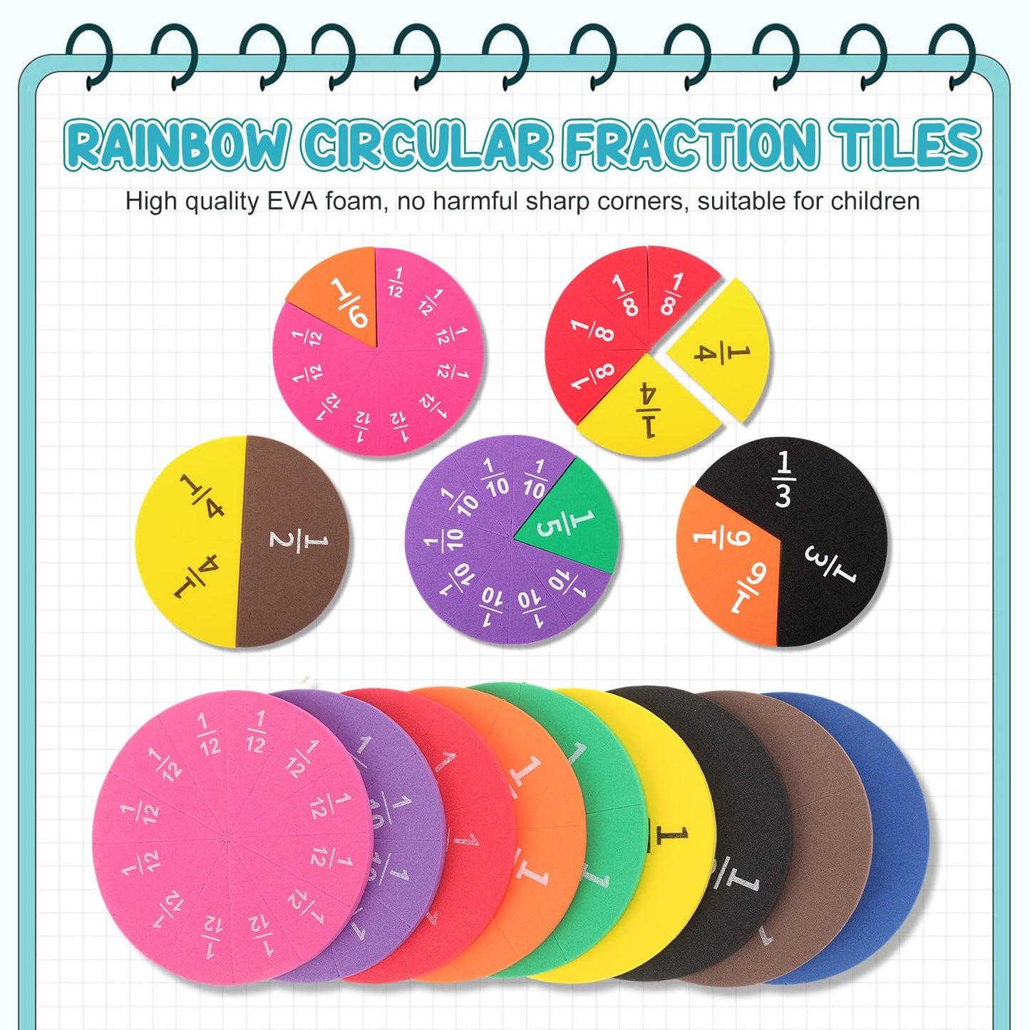 Sayglossy 12 Sets Fraction Set for Math Classroom Fractions Manipulatives Math Manipulatives for Home School Supplies (Circles)