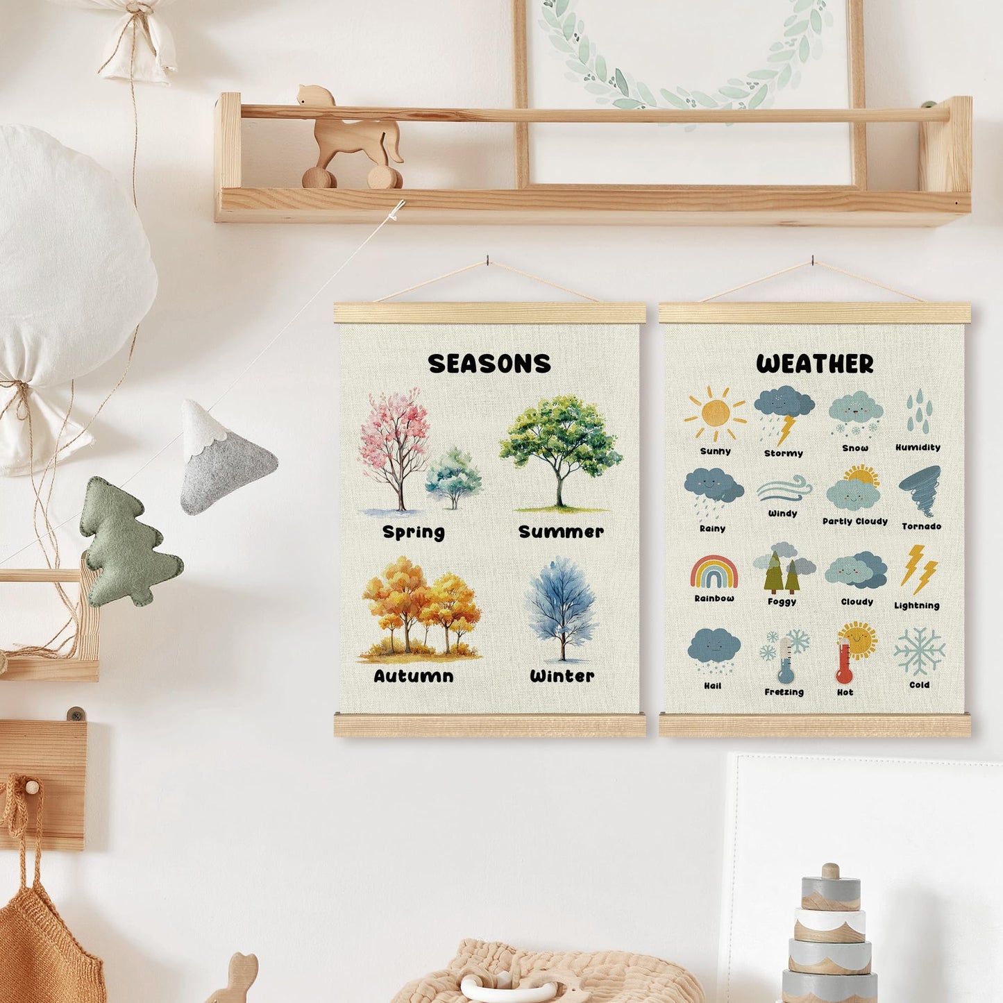 BCUANGD Classroom Wall Decor - Toddlers Kids Wall Art Poster Hanger with Wood Frames Set of 2, Learning Educational Wall Hanging Canvas Decor for Playroom Nursery Toddler Kids Room, 12x16 Inches