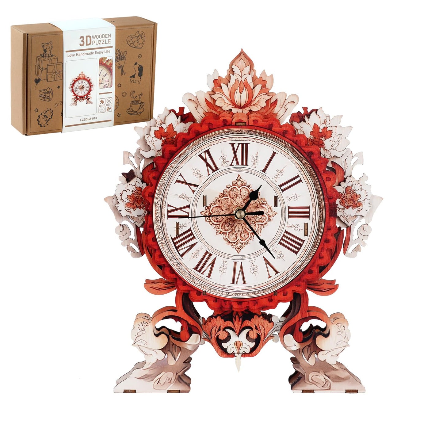 Rnfinewow 3D Wooden Puzzles for Adults, 3D Puzzles Flame Flower Clock Kit (with Pendulum), Wooden Puzzle for Adults Teens Home Wall Decor Clock Christmas Day Puzzle Gifts for Adults