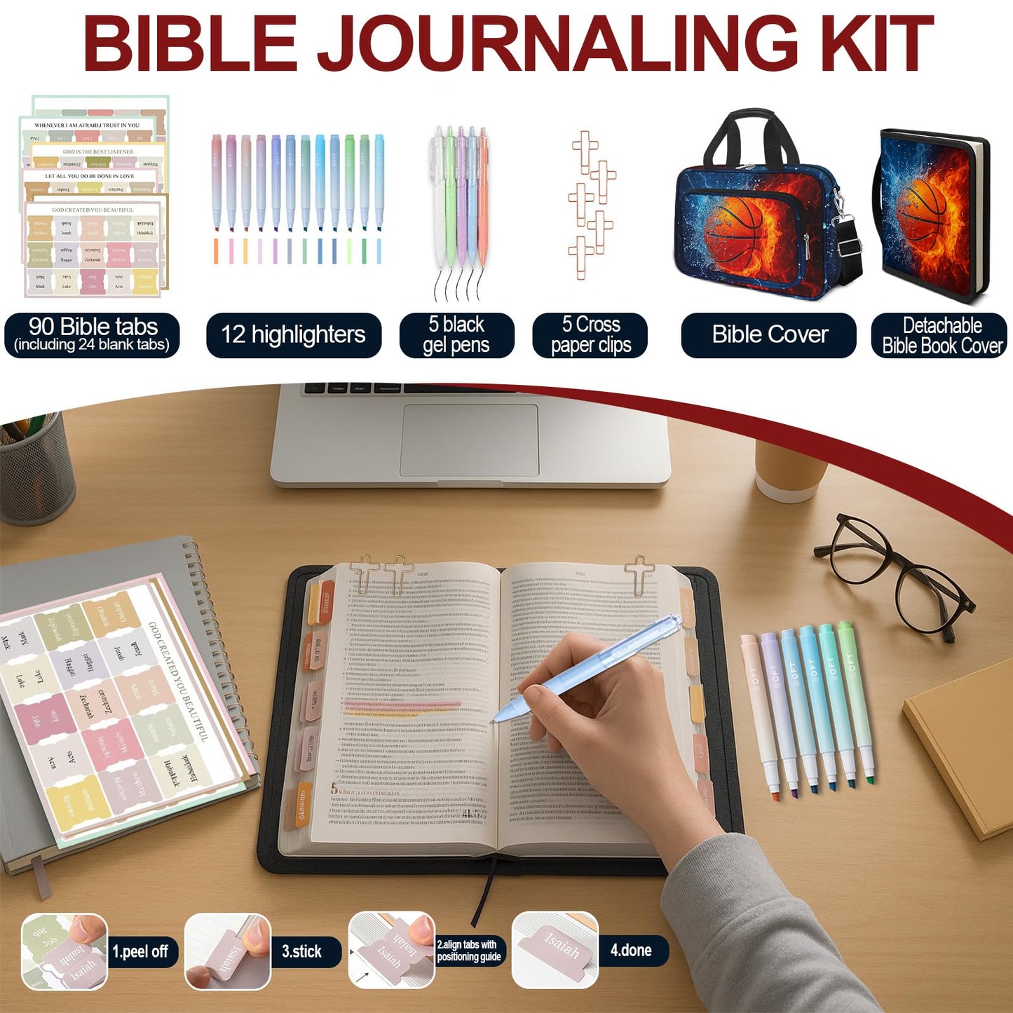 IBOVODI Basketball Bible Cover Case for Boys Kids, Ice Fire Ball Mens Large Bible Bag Book Carrying Case Handle Zipper Pocket, Bible Study Supplies Journaling Kit, Highlighters Tabs Pens Cross Clips