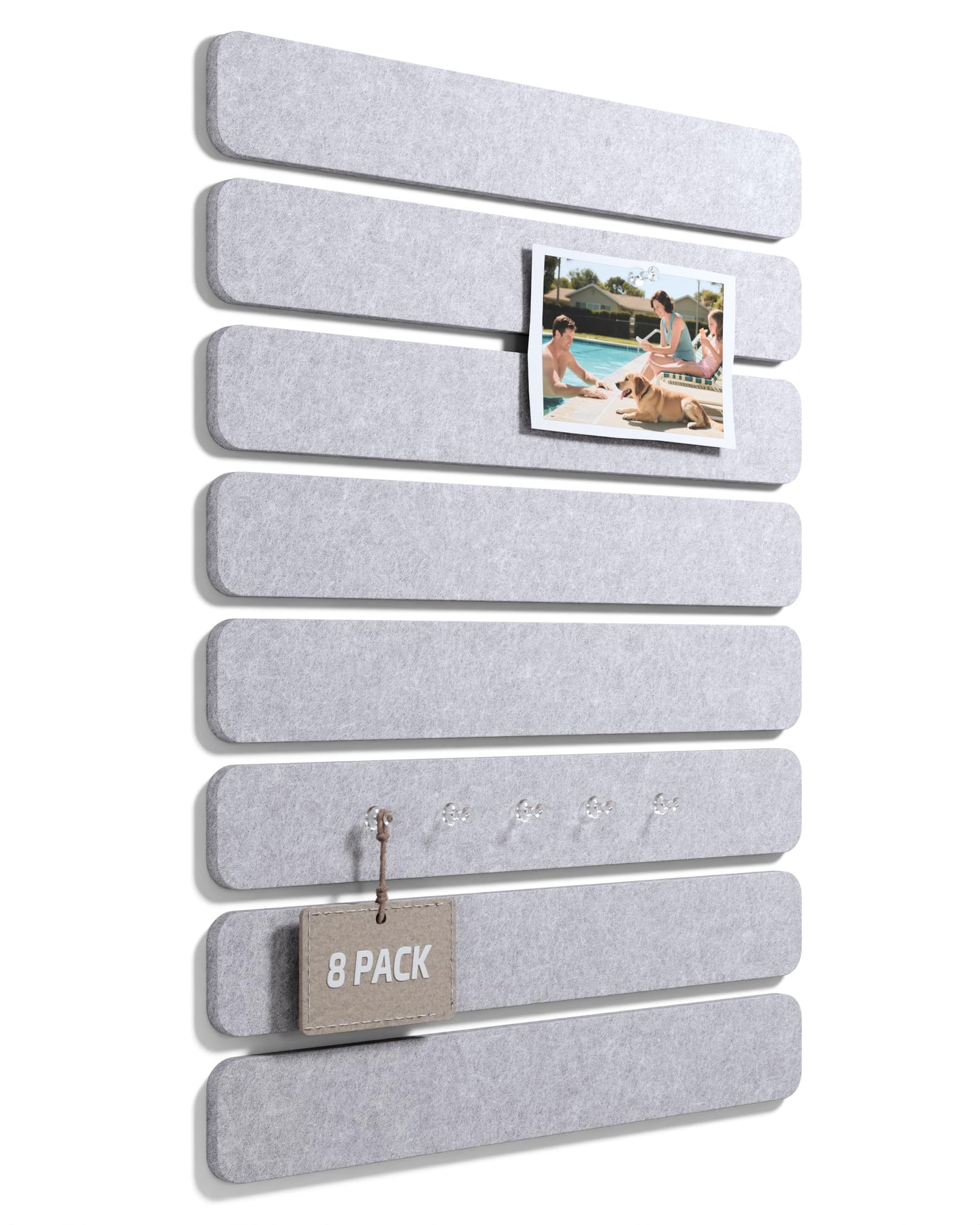 Fluxynara Cork Board Alternative Felt Strip Board 8-Pack 13"x2", Office Pin Board with 50 Push Pins, Adhesive Install for Bedroom Door & Home Office (Soft Gray)