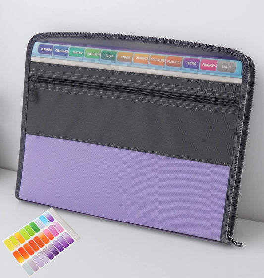 NAFY Accordion File Organizer, 13 Pockets Expanding File Folder with Zipper, A4 Letter Size Portable Accordion Expanding File Folders with 27pcs Colour Labels for Home Office School Supplies (Lilac)
