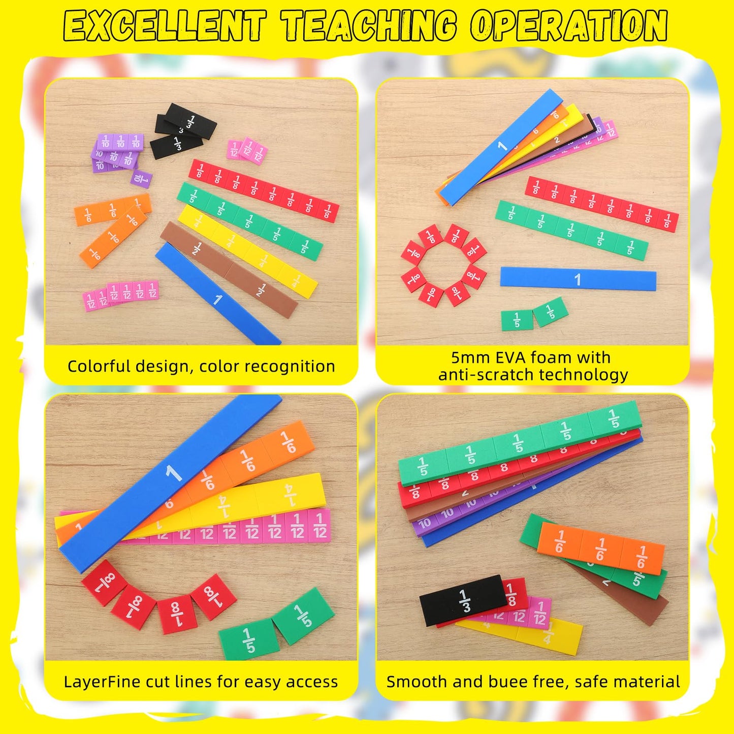 Sayglossy 60 Sets Fraction Tiles Set for Math Classroom Fractions Manipulatives Math Learning Manipulatives for Home School Supplies